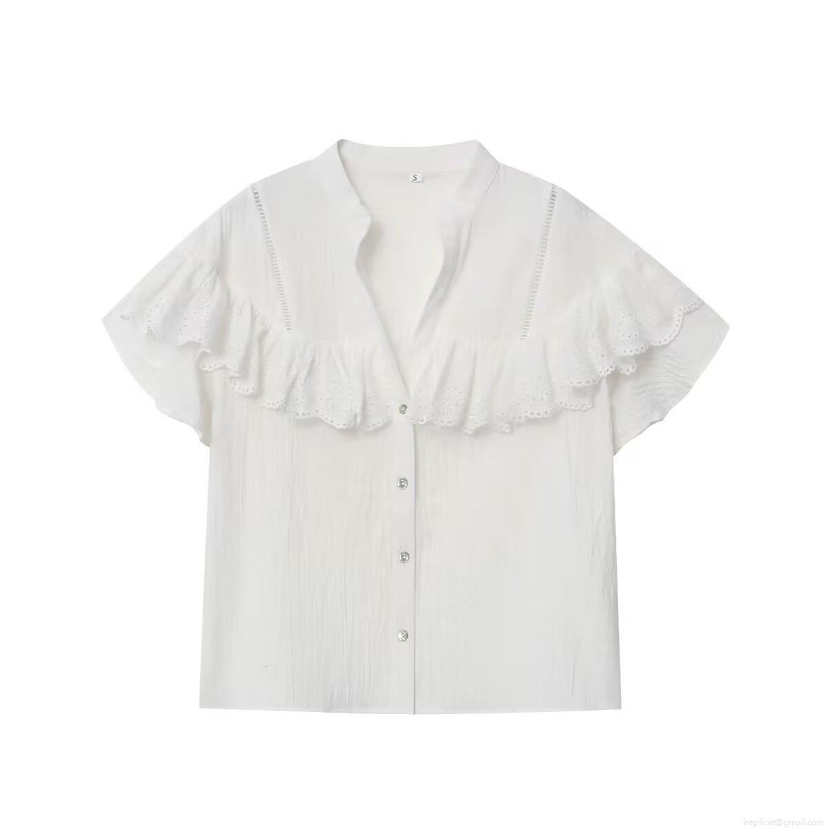 Women's White V-Neck Ruffle Patchwork Shirt Elegant Short Sleeve Single Breasted Blouse For Summer Casual Streetwear Office Lady Tops