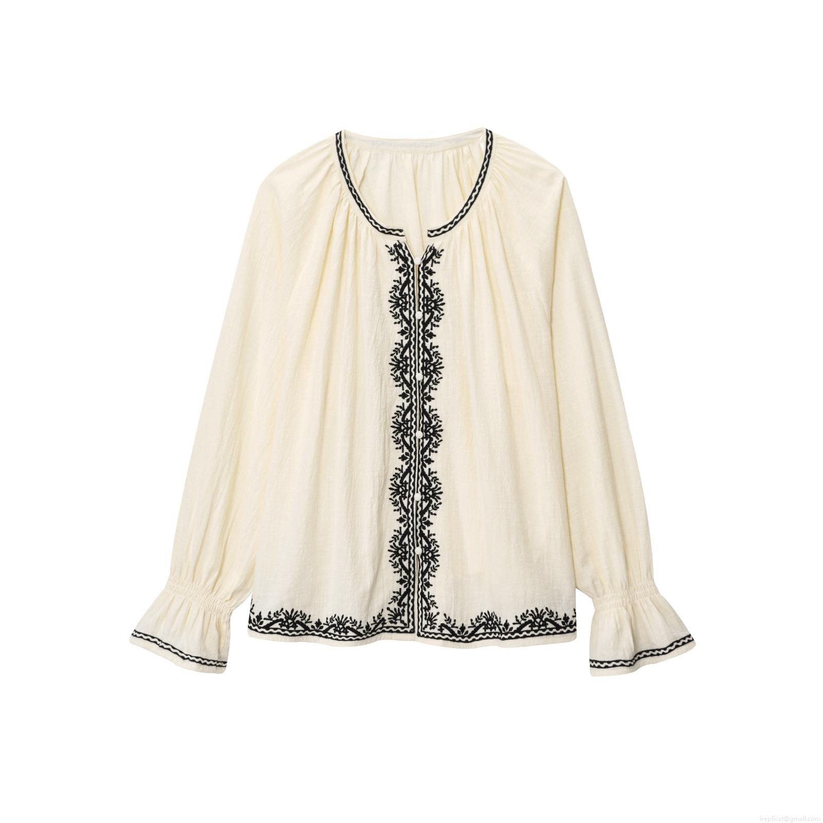Women's Off White Long Sleeve Blouse Polyester Blend Black Floral Embroidery Round Neck Flare Sleeve Boho Vintage Casual Summer Top Elegant Ethnic Blouse