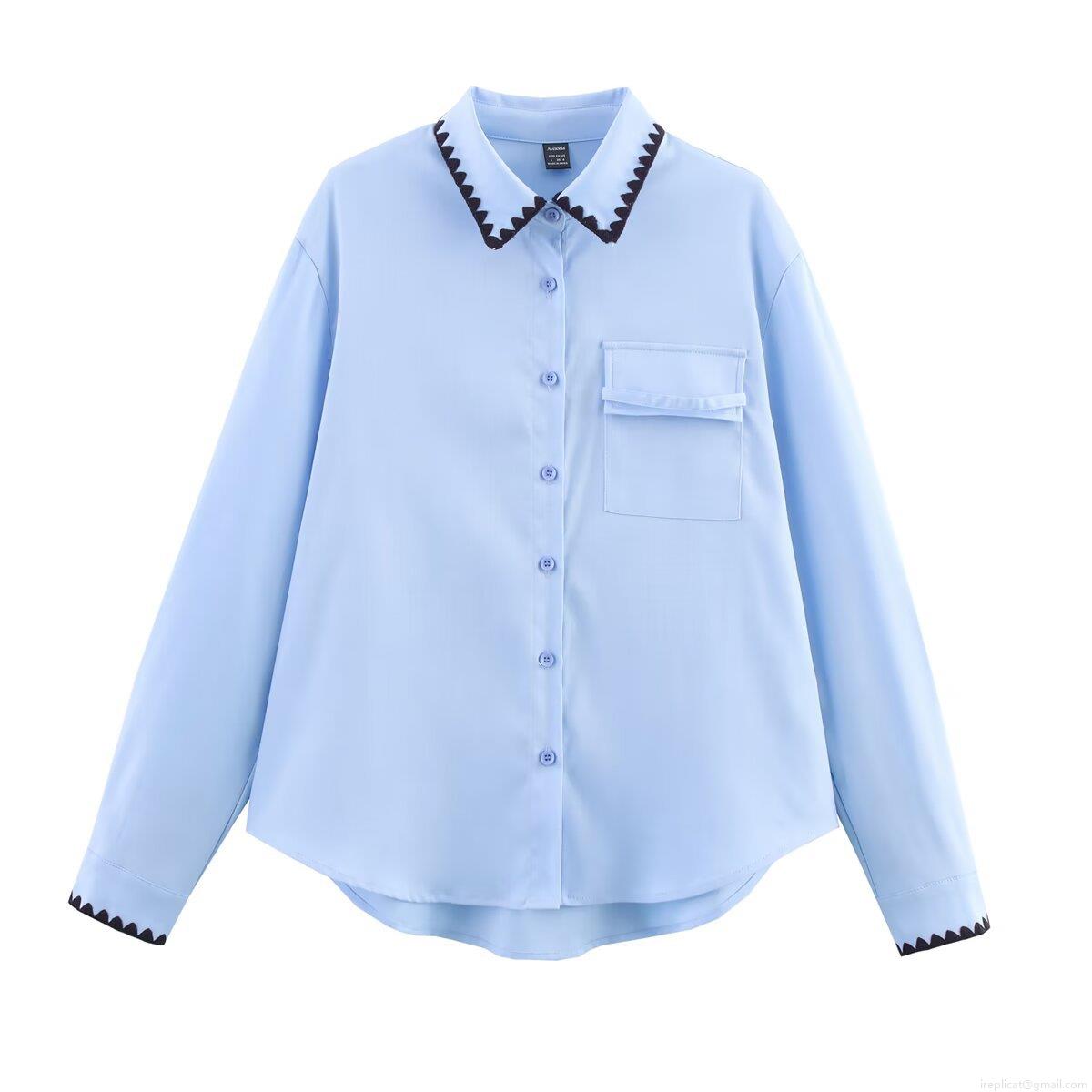 Women Scalloped Trim Long Sleeve Loose Shirt Polyester Solid Color Lapel Blouse With Single Pocket Casual Street Style Autumn Top