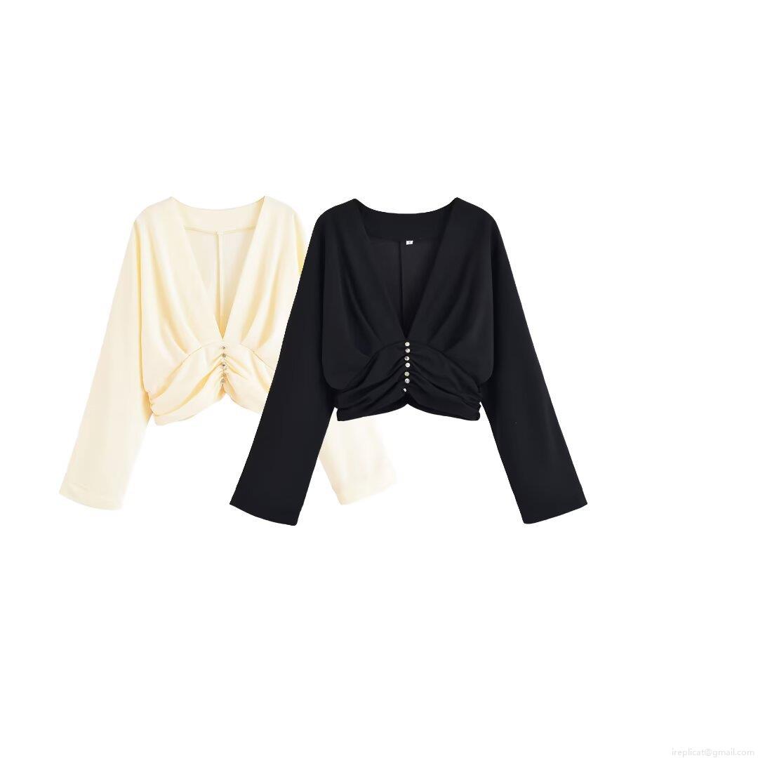 Women's V Neck Single Breasted Ruched Cropped Blouse Long Sleeve Polyester Slim Fit Solid Color Autumn Western Street Style Shirt Top