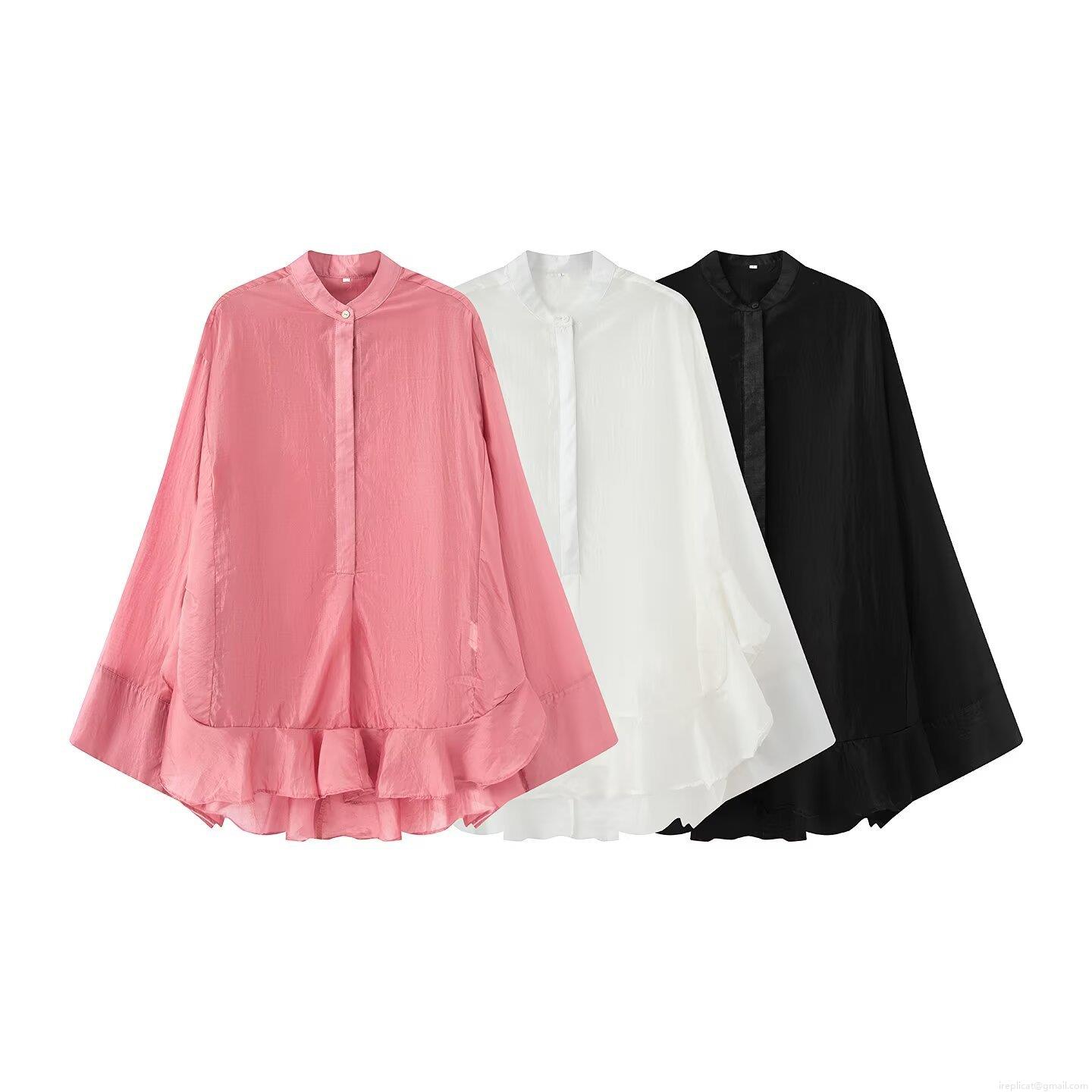 Women's Polyester Ruffle Hem Blouse Elegant Long Batwing Sleeve Loose Shirt Stand Collar Solid Color Tops For Daily Wear Dating Autumn Fashion