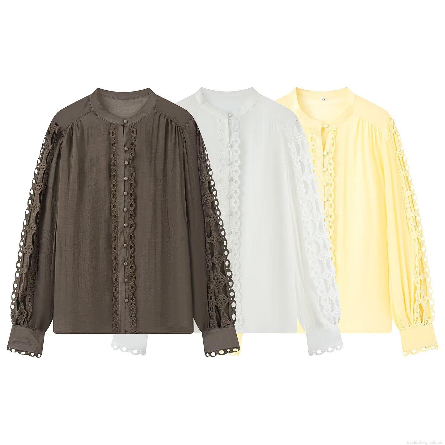Women's Polyester Elegant Hollow Out Lace Trim Patchwork Blouse Round Neck Long Sleeve Single Breasted Casual Shirt Top for Women Autumn Streetwear