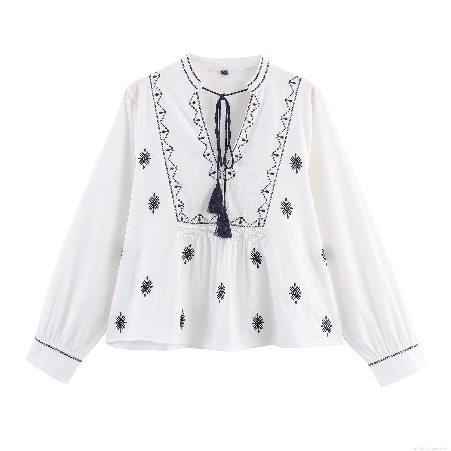 Women's Bohemian Embroidery V-Neck Tassel Blouse Ethnic Long Sleeve Cotton Blend Top Casual Spring Autumn Shirts For Women