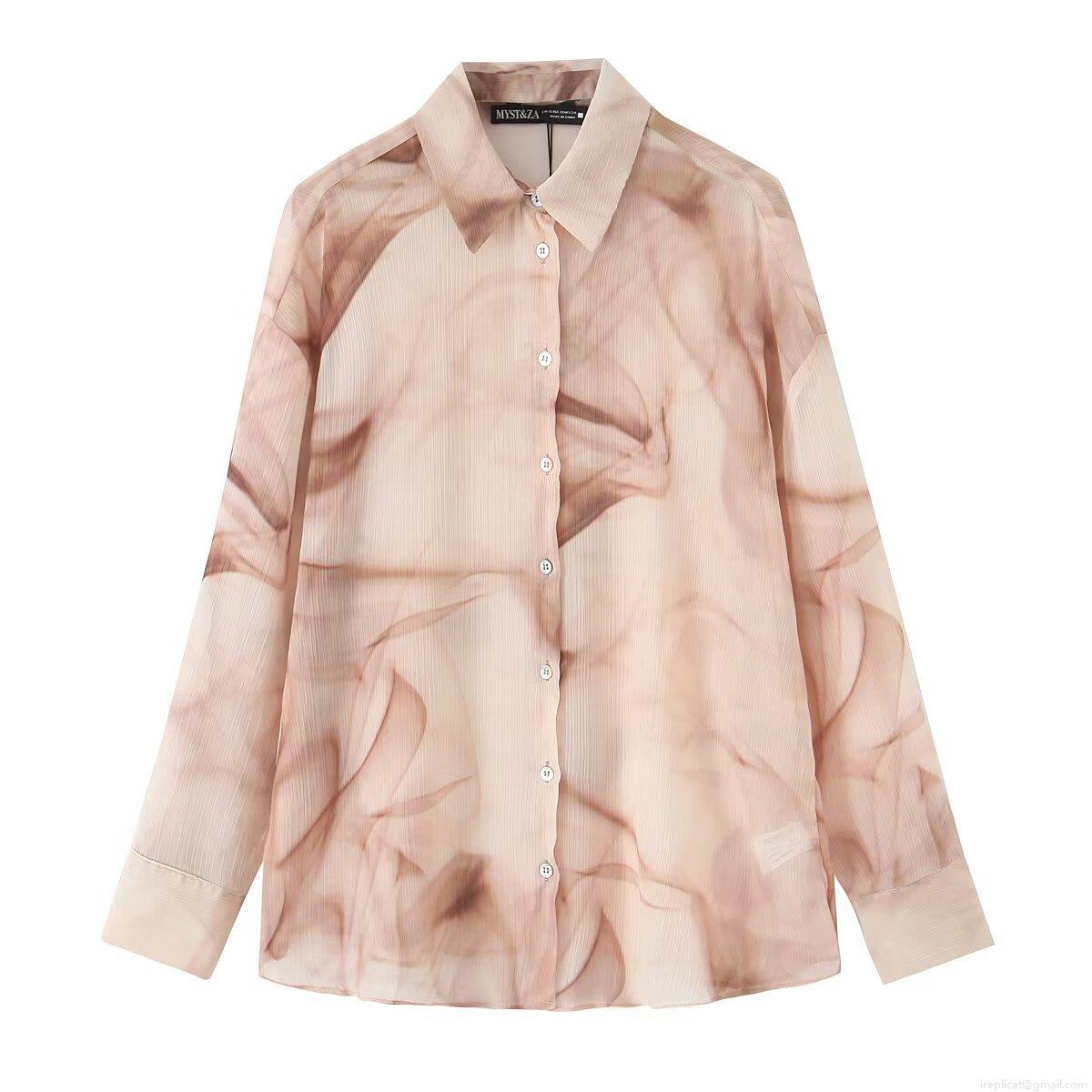 Women's Abstract Smoke Print Chiffon Blouse Long Sleeve Lapel Button Down Shirt Loose Fit Vertical Texture Streetwear Casual Lightweight Top