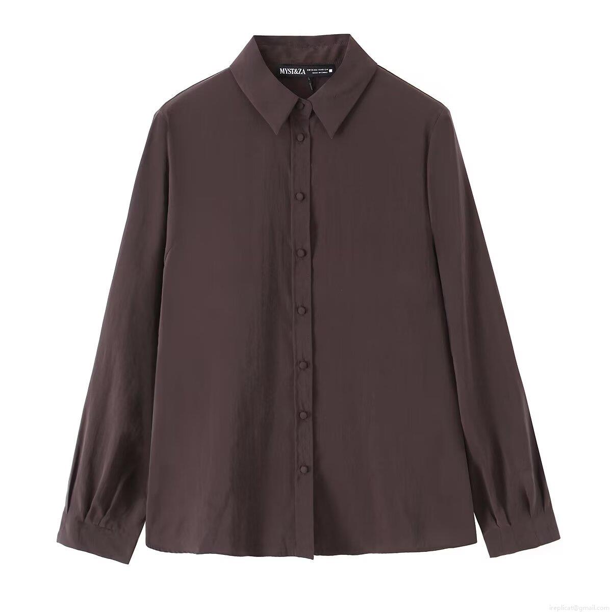Women's European Style Lapel Long Sleeve Shirt Solid Color Single Breasted Polyester Blouse Top For Autumn Streetwear Casual Daily