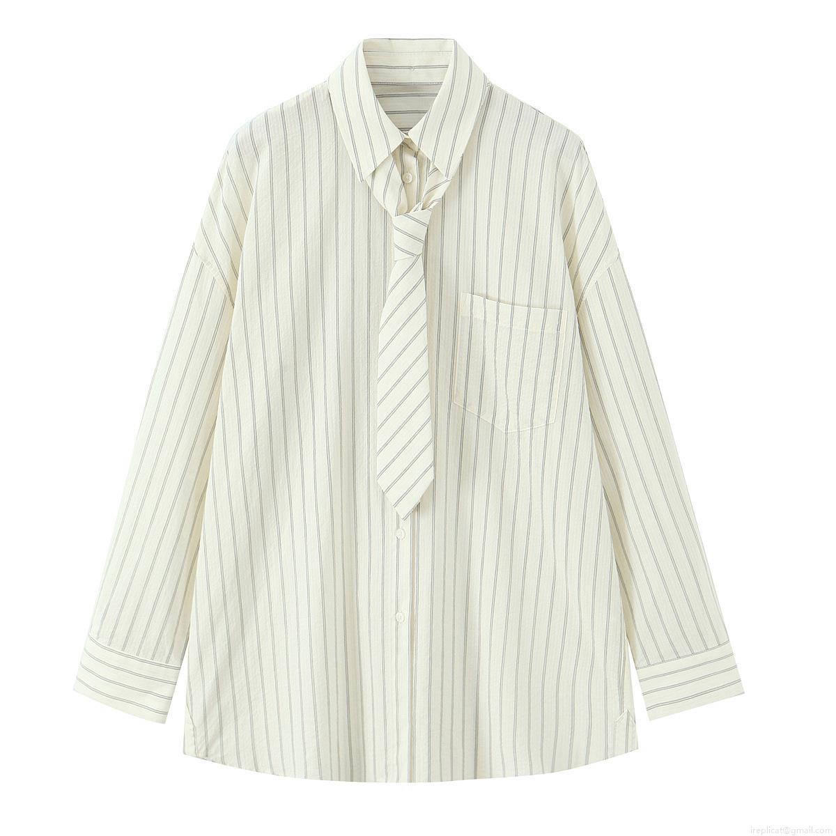 Women's Striped Long Sleeve Button Down Shirt With Tie Loose Casual Polyester Blouse Autumn Fashion Trendy Streetwear Oversized Lapel Top For Daily Work Wear
