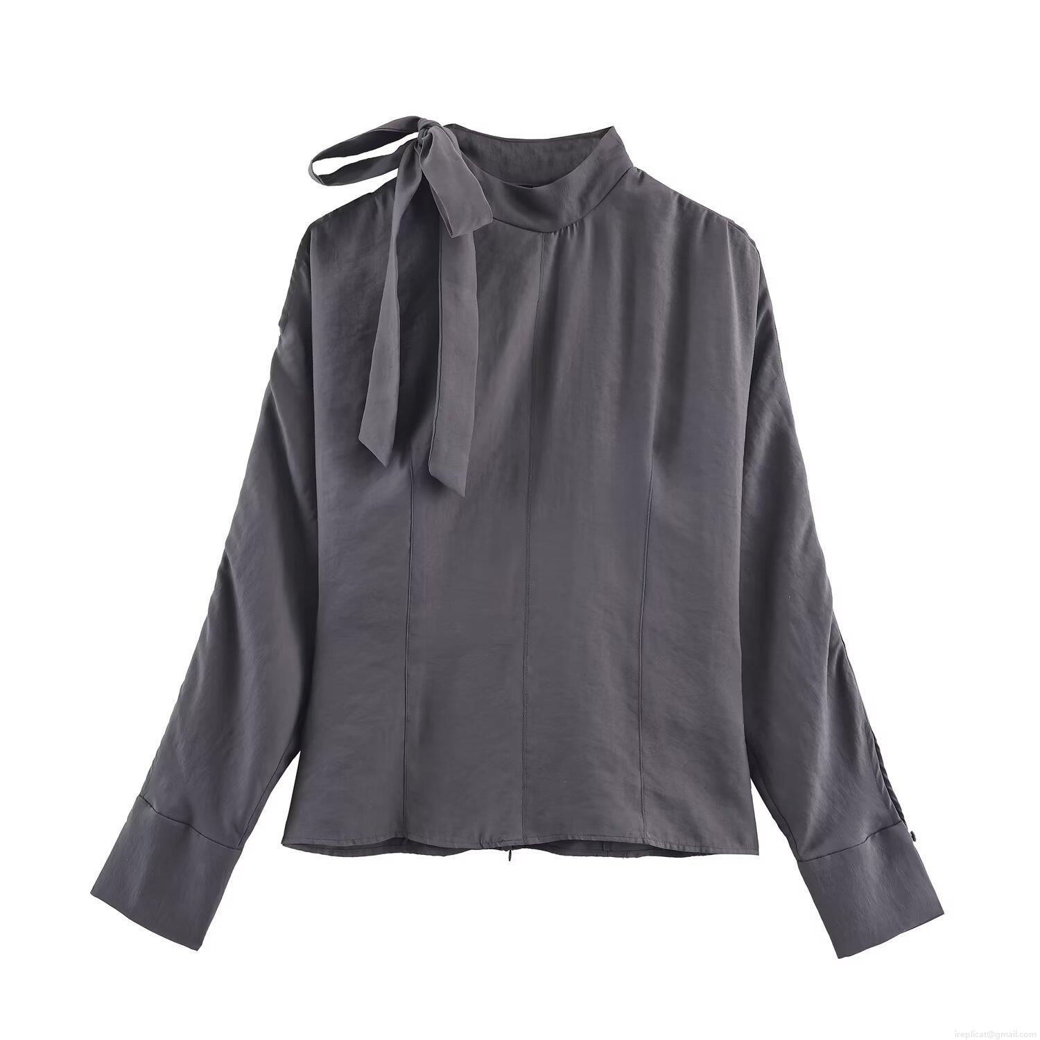 Women Elegant Grey Satin Mock Neck Blouse Mock Neck Shoulder Slit Bow Tie Long Sleeve Pullover Fashion Streetwear Shirt for Autumn Daily Dating