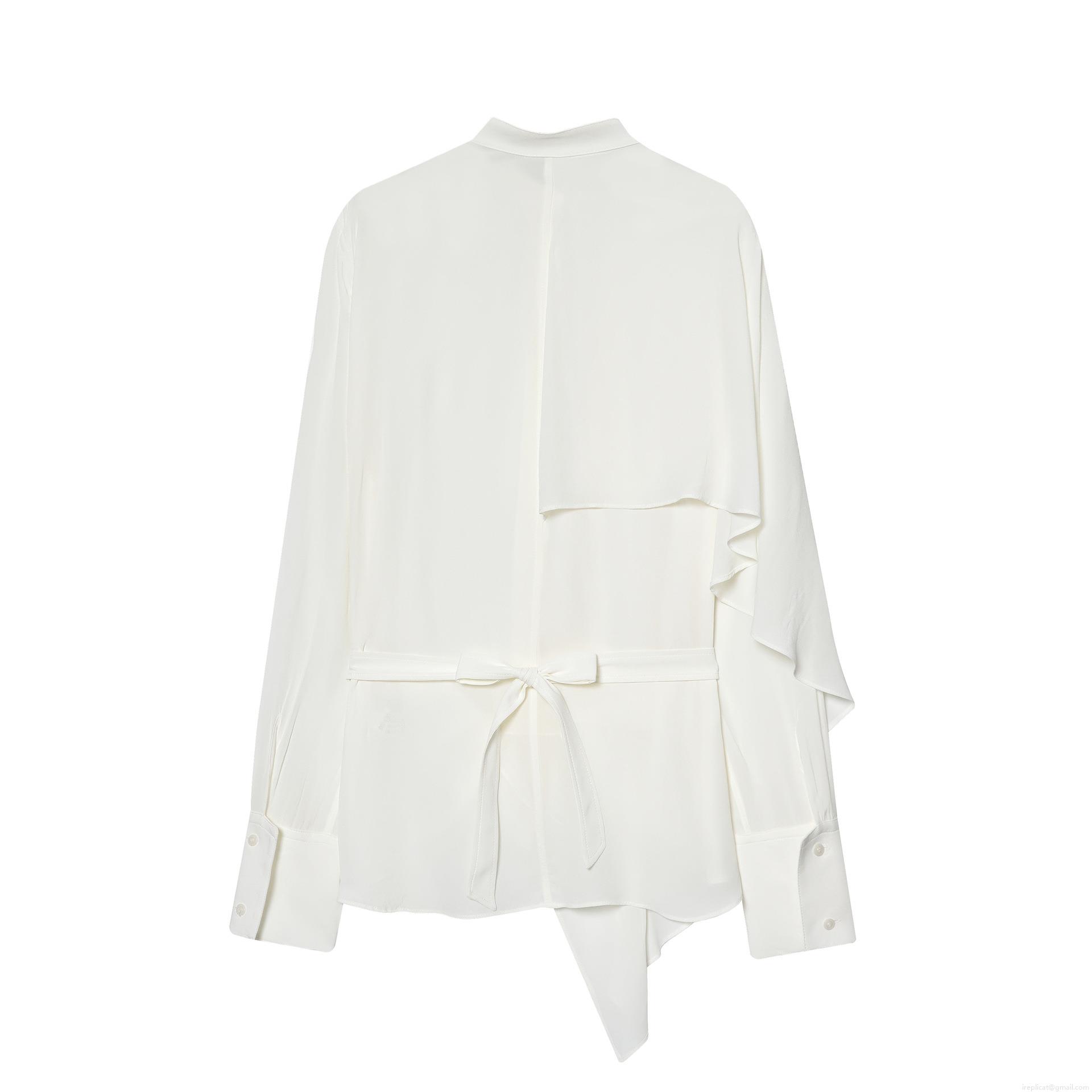 Women's Elegant Asymmetric White Blouse Long Sleeve Round Neck Silky Polyester Shirt With Back Tie Bow Irregular Design Casual Streetwear Top