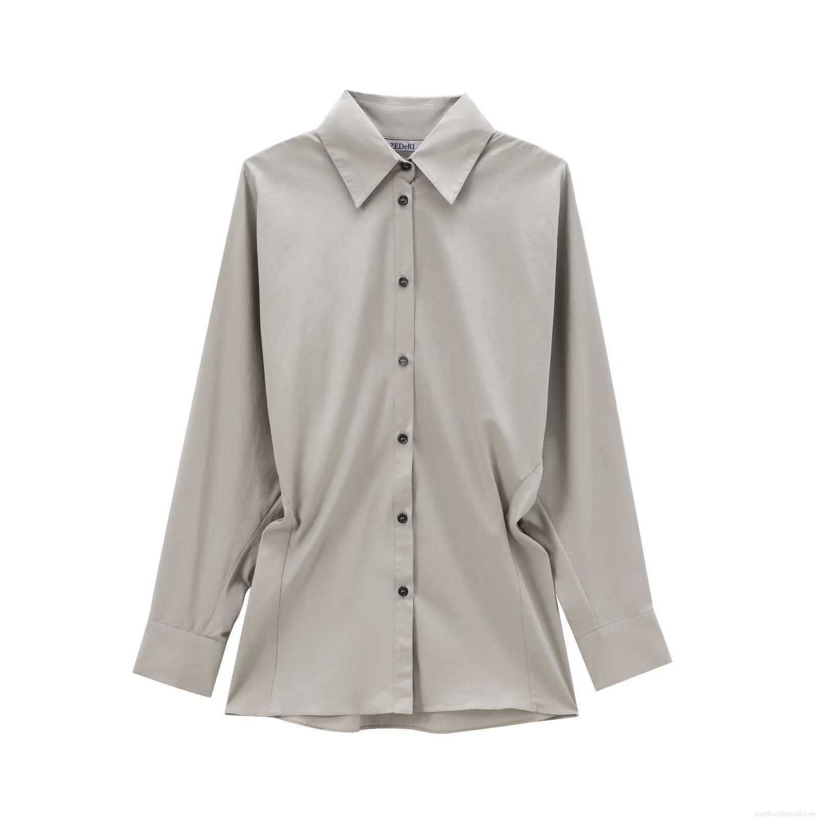 Women's Long Sleeve Button Up Shirt Solid Color Turn Down Collar Poplin Blouse Casual Office Commute Street Style Loose Fit Waist Design Grey Top
