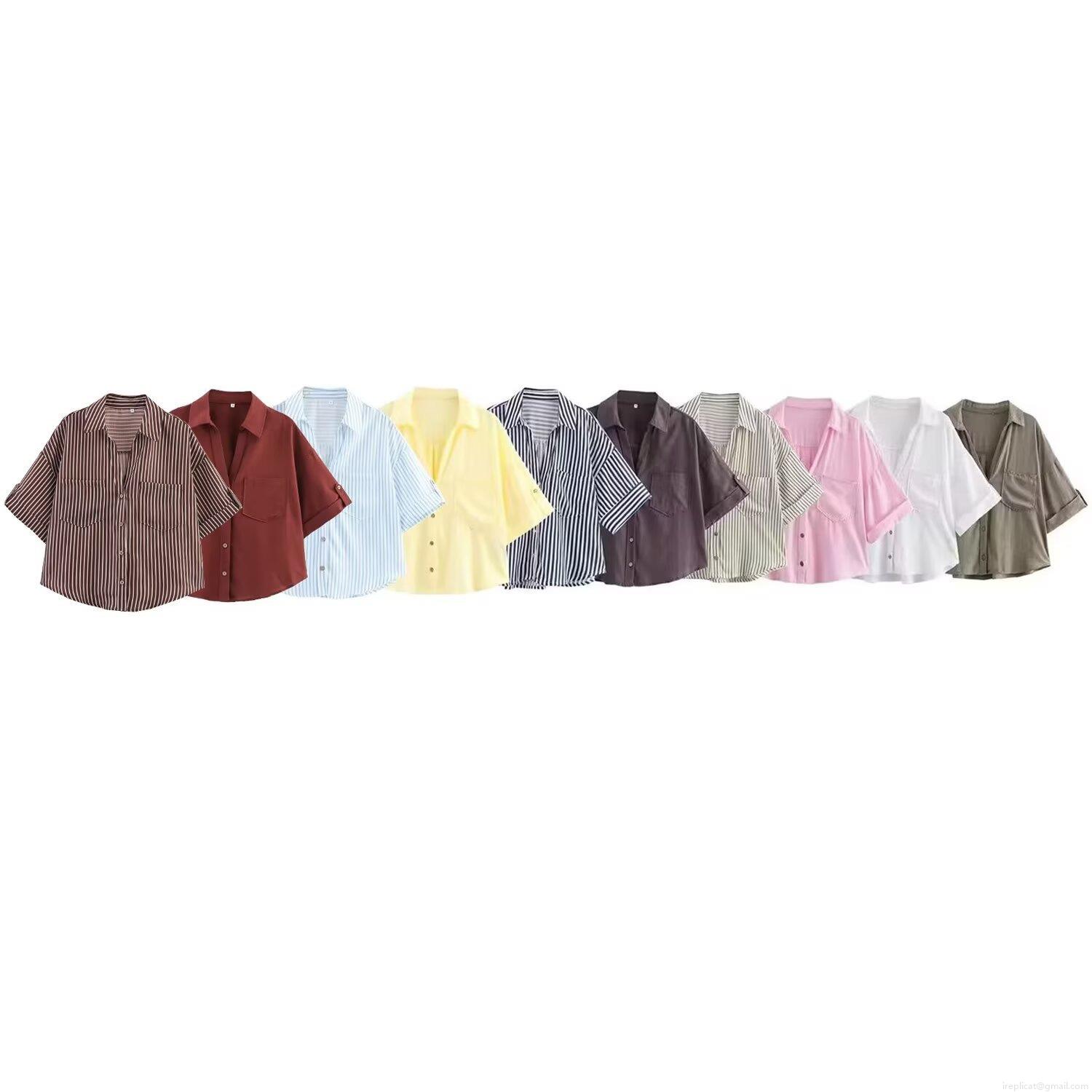 Women's Loose Casual Linen Blend Button Down Shirt Short Sleeve Rolled Cuff Blouse With Dual Pockets Fashion Solid Color Striped Tops For Summer Streetwear