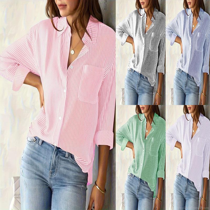 Women's Casual Striped Long Sleeve Shirt Polyester Spandex Lapel Button Down Blouse With Pocket Loose Fashion Top For Daily Office Streetwear