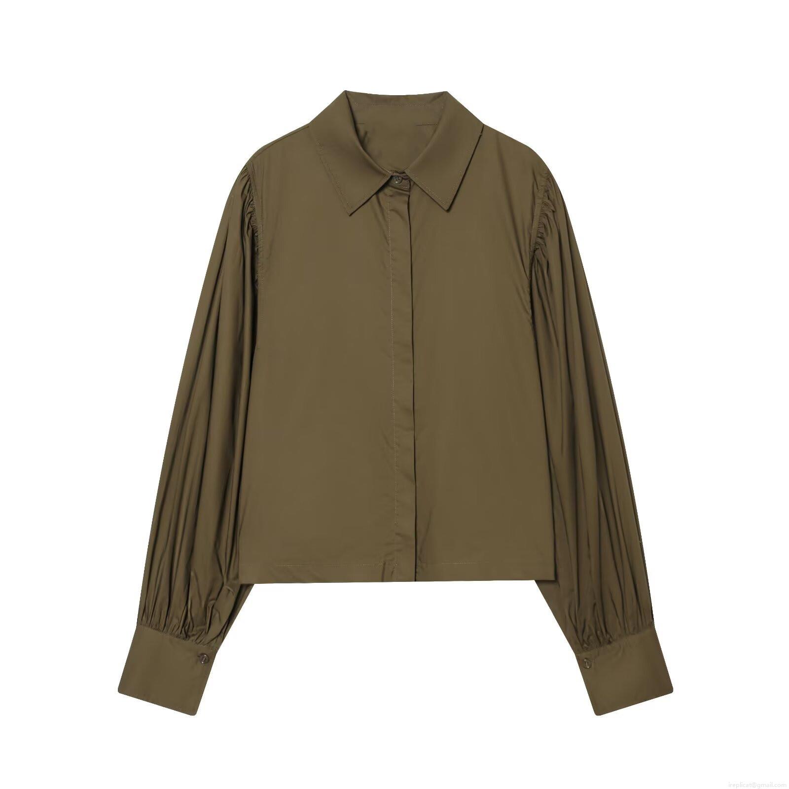 Women's Fashion Solid Color Lapel Poplin Shirt Long Sleeve Puff Sleeve Loose Blouse Army Green Casual Office Top Fall Winter