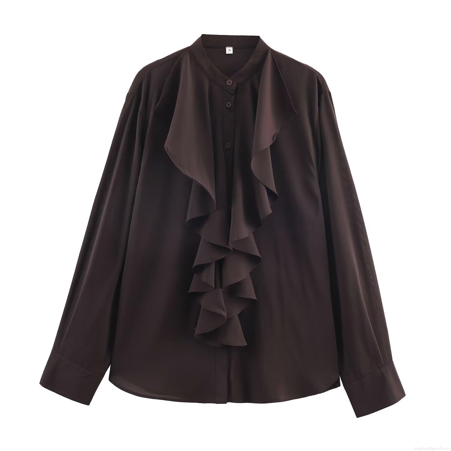 Women's Casual Ruffle Stand Collar Long Sleeve Shirt Chiffon Polyester Solid Color Button Down Blouse Top for Office Daily Wear Ladies
