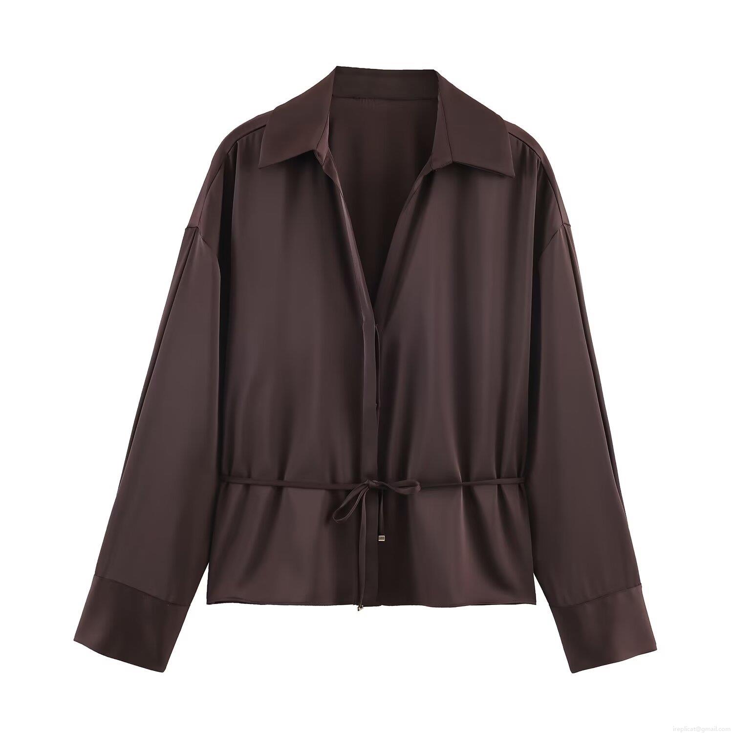 Women's Satin Texture Blouse Long Sleeve Lapel V-Neck Shirt With Waist Belt Elegant Coffee Color Solid Casual Tops For Office Daily Wear Autumn Winter