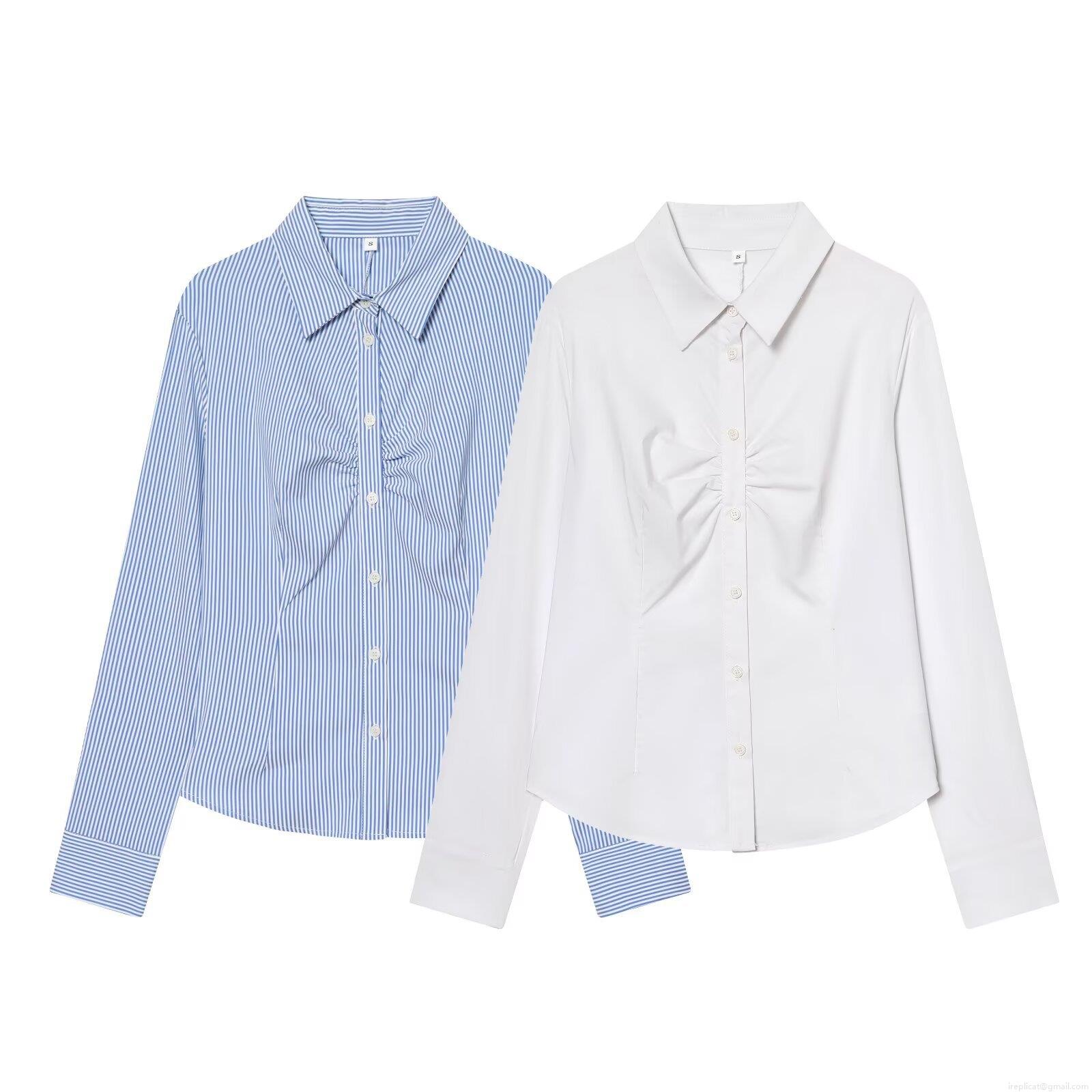 Fashion Women's Ruched Front Slim Fit Cotton Nylon Shirt Casual Long Sleeve Turn-down Collar Button Down Blouse For Office Daily Lady