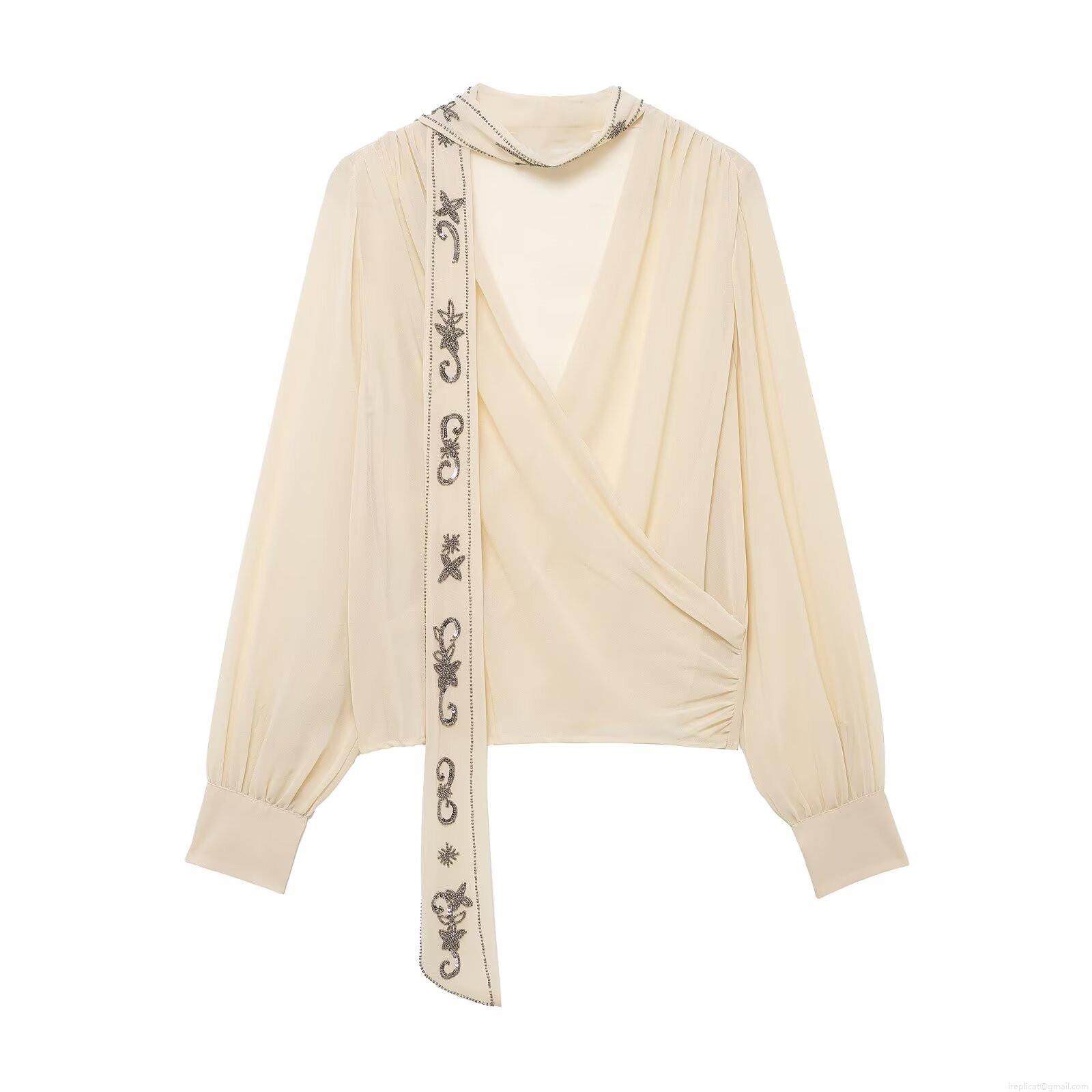 Women's V-Neck Long Sleeve Chiffon Blouse With Beaded Scarf Collar Elegant Sequin Solid Color Shirt For Office Casual Party Wear