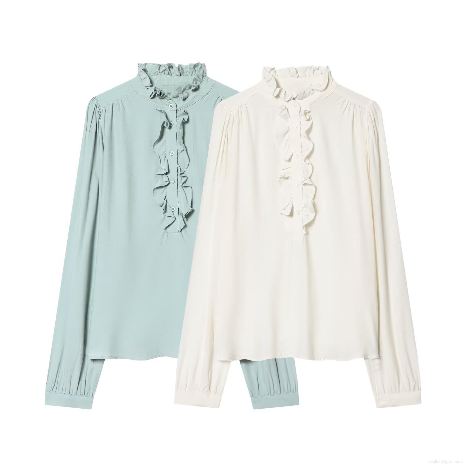 Women's Sweet Ruffle Wood Ear Collar Blouse Elegant Long Sleeve Solid Color Polyester Spandex Shirt Loose Casual Commuter Top