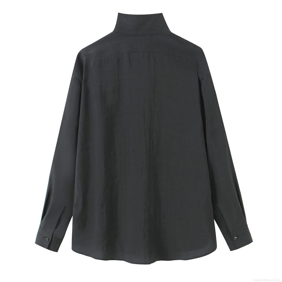 Women's Fashion Stand Collar Long Sleeve Blouse Casual Solid Color Loose Fit Single Breasted Shirt With Pocket Polyester Blend Tops For Winter