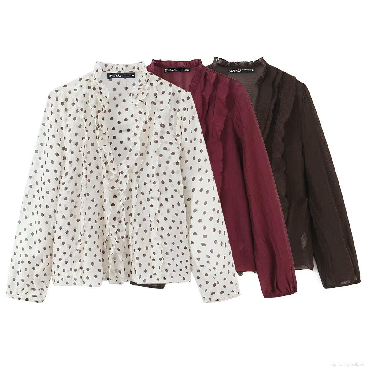 Women's Long Sleeve Polka Dot Ruffle Chiffon Blouse Elegant V-Neck Layered Patchwork Shirt Top For Daily Office Dating Lady Clothing