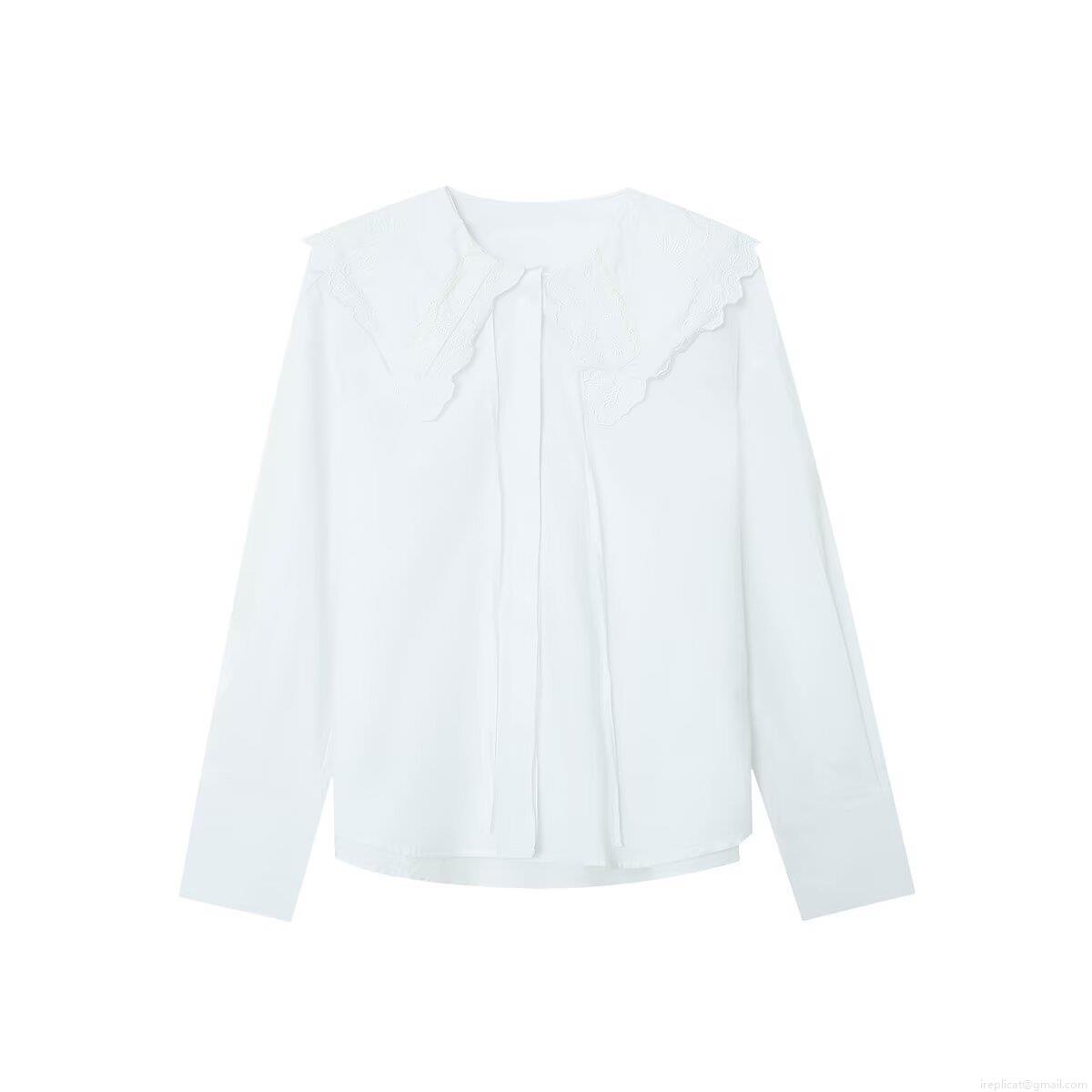 Sweet White Long Sleeve Blouse With Large Doll Collar And Hollow Out Embroidery Minimalist Casual Fashion Shirt For Women Winter Style