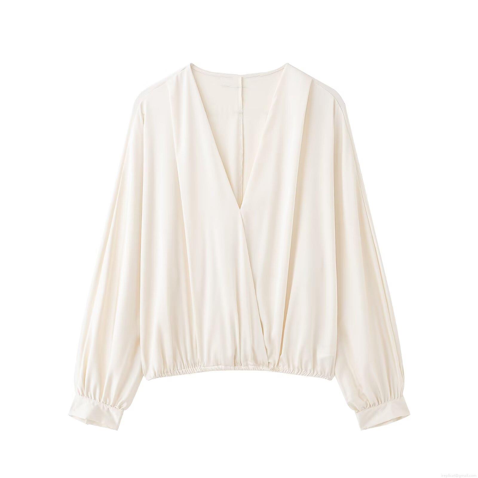 Elegant Women Satin V-Neck Wrap Blouse Long Lantern Sleeve Solid Color Office Lady Silk Texture Chic Top Off-White Polyester Shirt