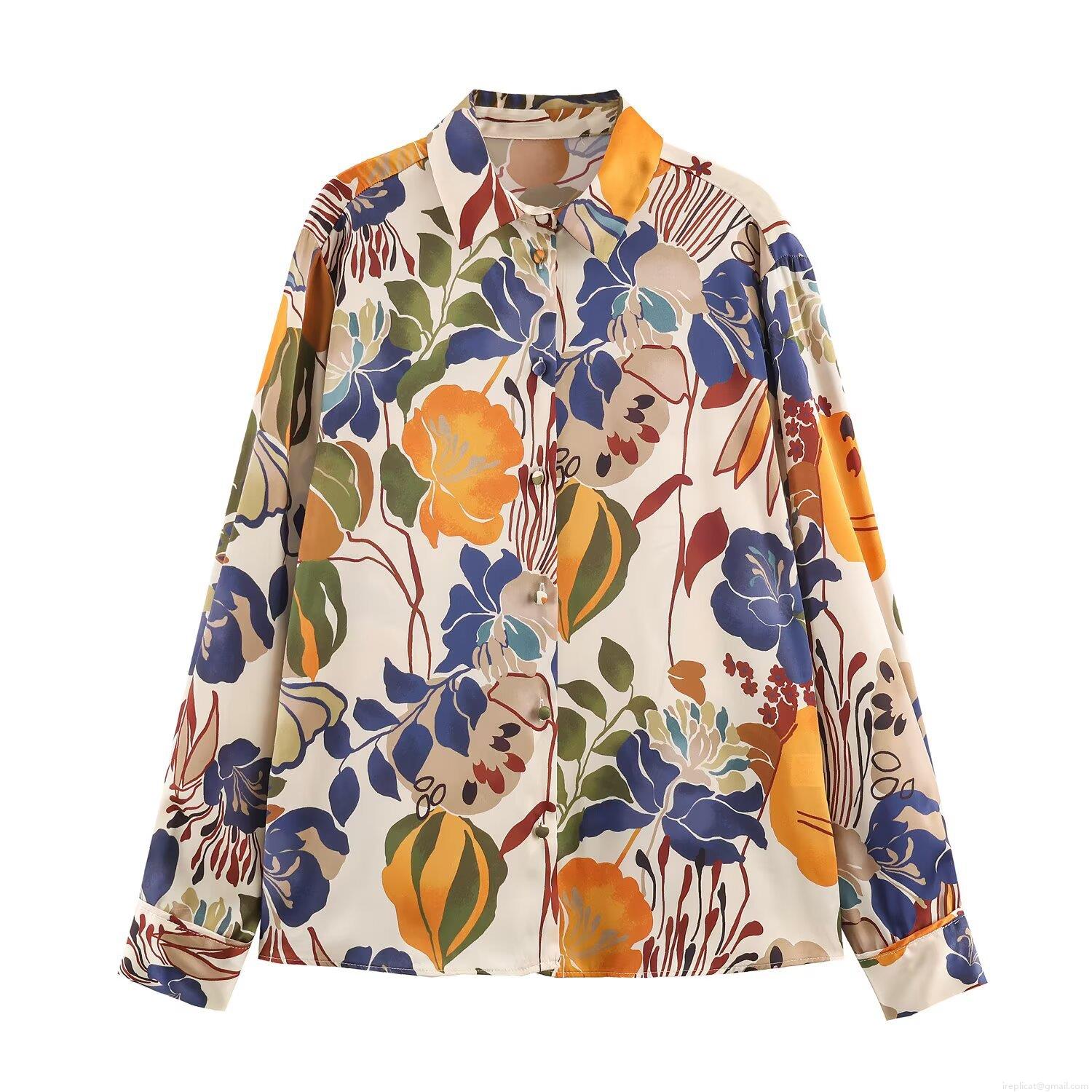 French Vintage Floral Printed Satin Texture Shirt For Women Casual Loose Fit Long Sleeve Button Down Blouse Top Polyester Office Daily Wear