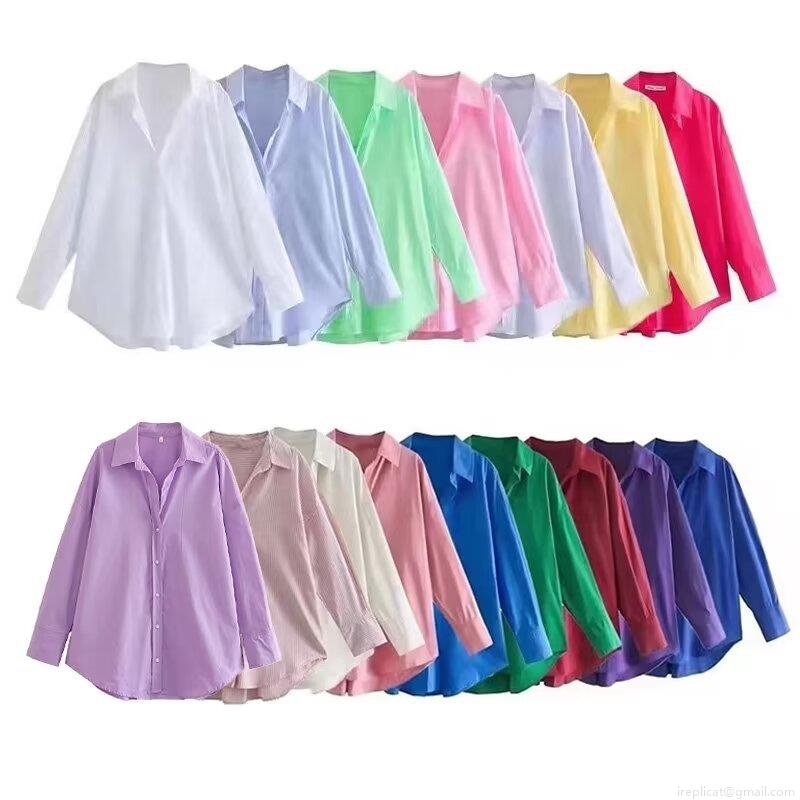 Women Oversized Poplin Shirt Casual Long Sleeve Polo Neck Blouse Solid Color Stripe Polyester Cotton Blend Top For Women Daily Office Wear Comfort Loose Fit Fashion Shirt