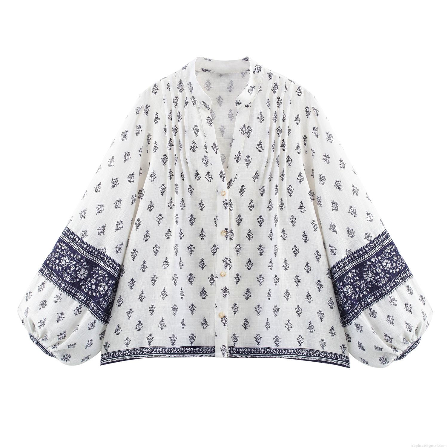 Women Ethnic Printed V-Neck Lantern Sleeve Button Down Blouse Shirt Cotton Linen Feel Loose Casual Spring Summer Boho Style Top Clothing