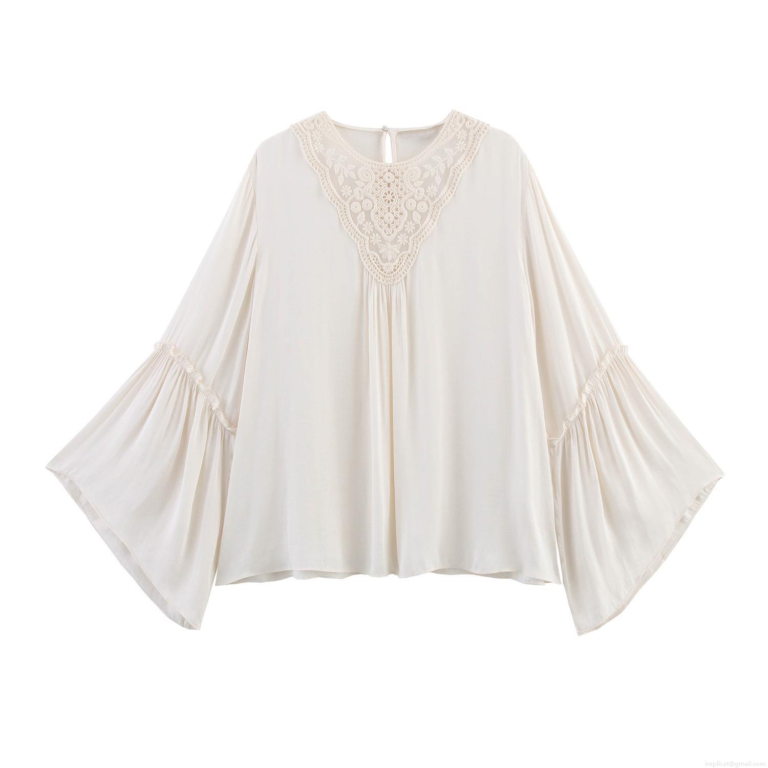 Women's Vintage Ethnic Embroidery Lace Blouse Elegant Pleated Long Sleeve Ruffle Cuff Solid Off-white Chiffon Shirt Loose Casual Palace Style Top