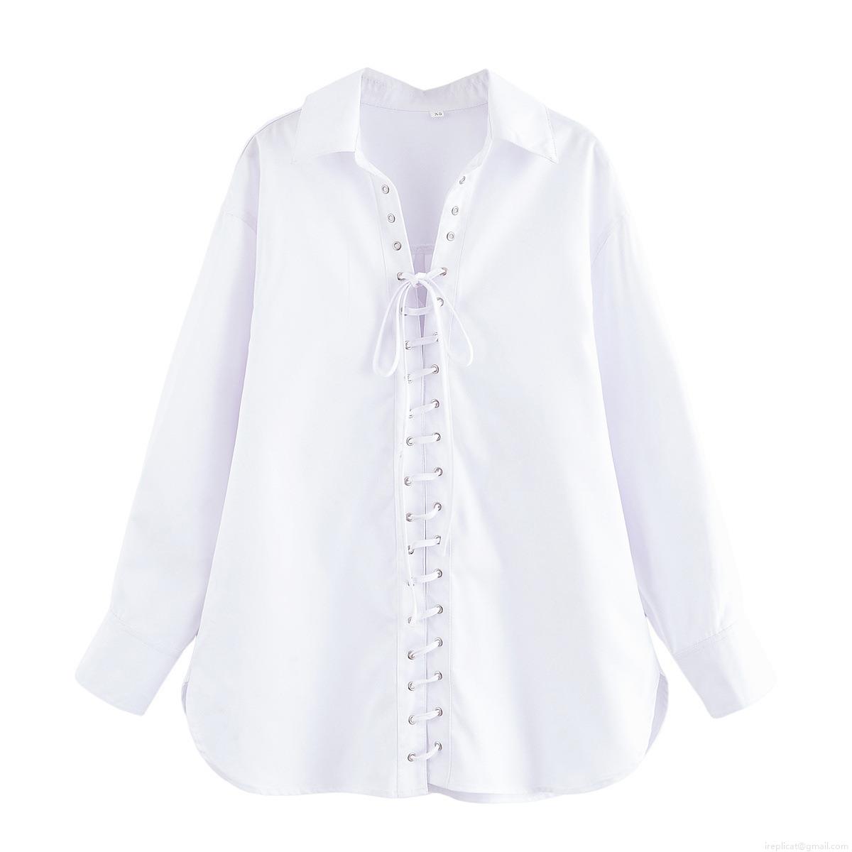 Women's Casual Long Sleeve Blouse Cotton Blend Lace-Up Drawstring Shirt Turn-Down Collar Loose Pullover Top Solid Color Daily Minimalist Summer Fashion Streetwear