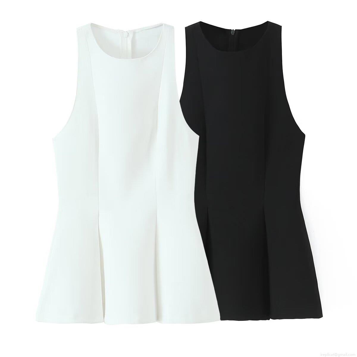 Women Elegant Sleeveless Peplum Top Round Neck Polyester Spandex Blend Solid Color Back Invisible Zipper Slim Fit Blouse For Office Commute Daily Wear