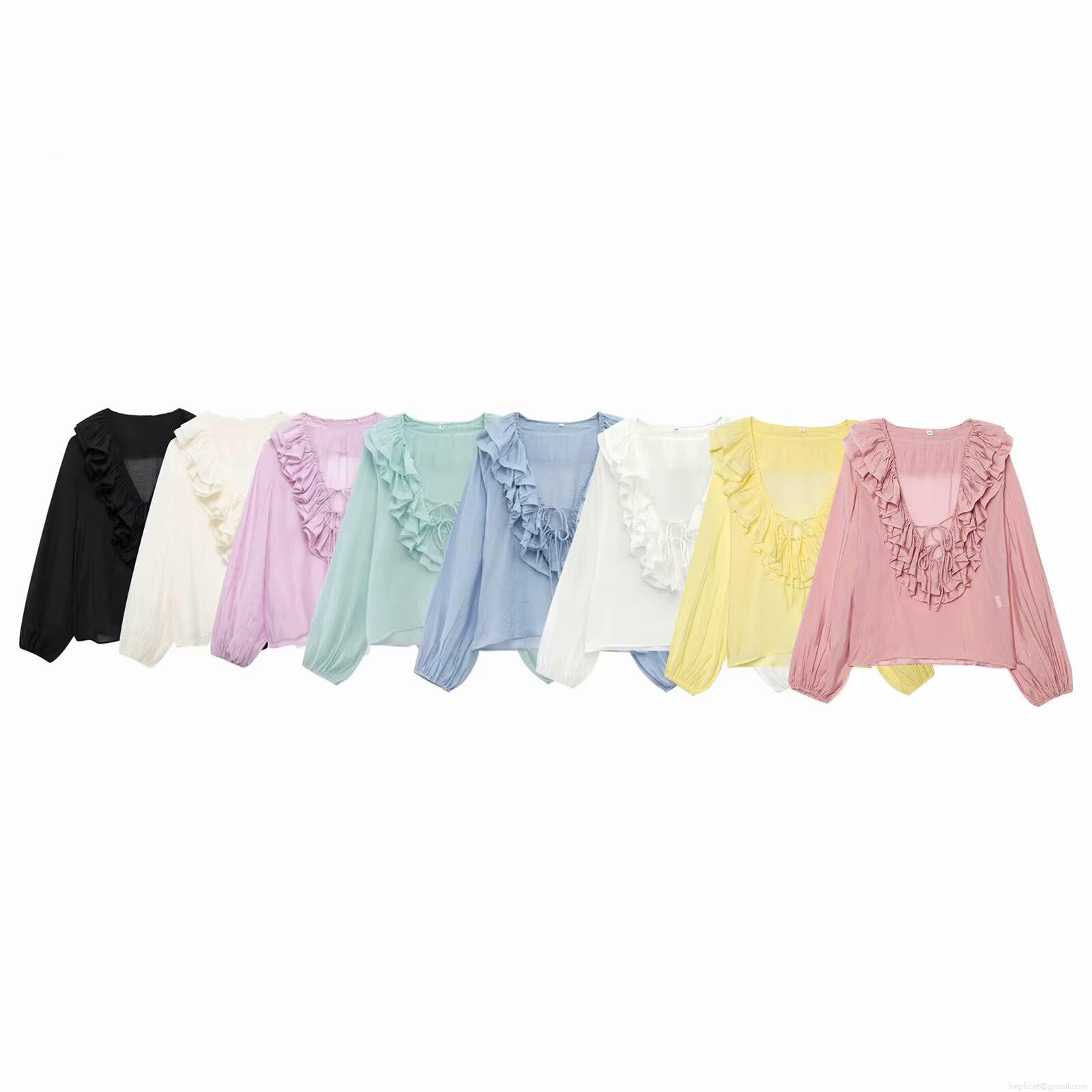 Women Casual Long Sleeve Chiffon Blouse V Neck Ruffle Tiered Solid Color Loose Fit Tie Neck Fashion Summer Shirt For Ladies