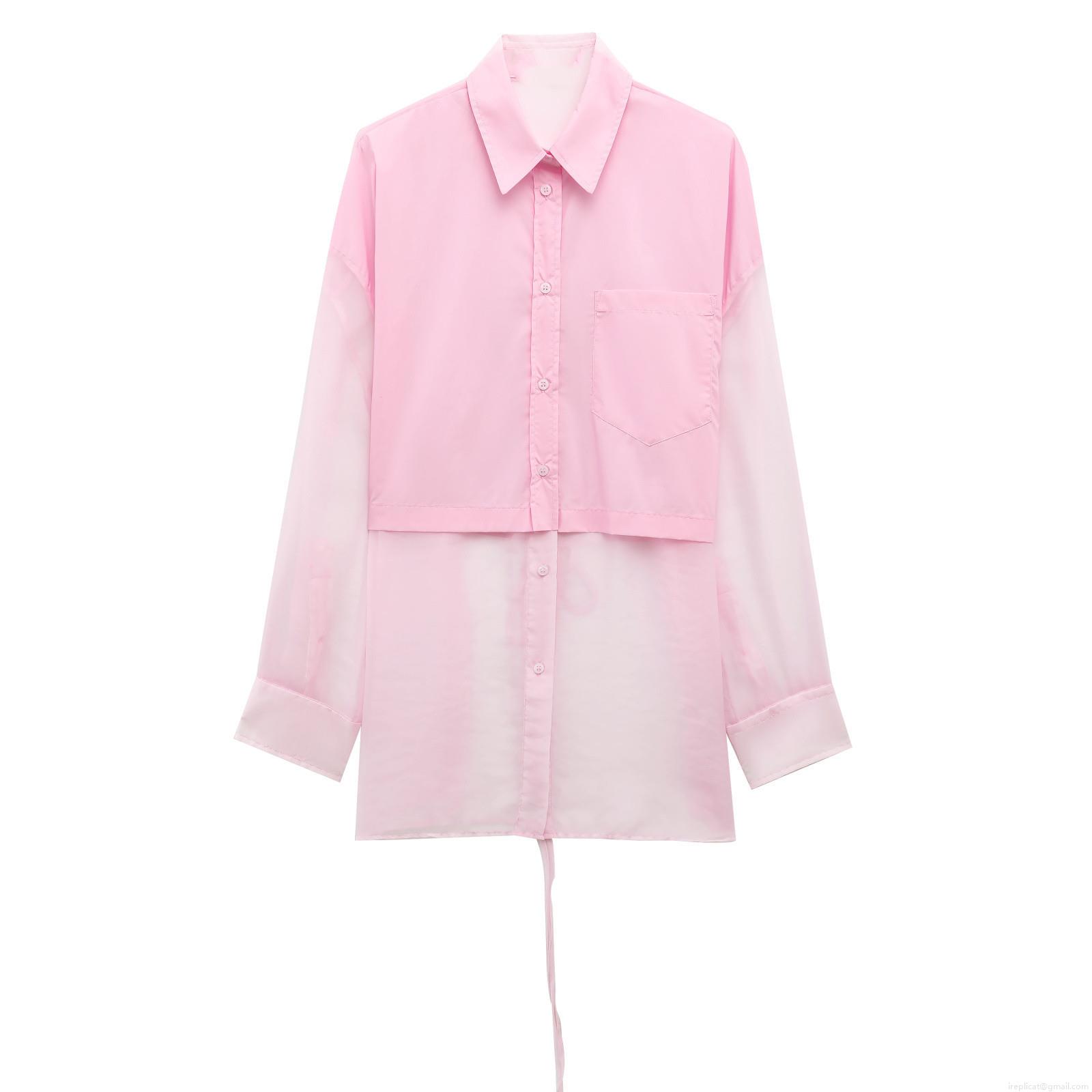 Women's Pink Patchwork Long Sleeve Shirt Sheer Organza Mesh Button Up Blouse With Back Tie Bow Sweet Casual Loose Summer Tops For Ladies