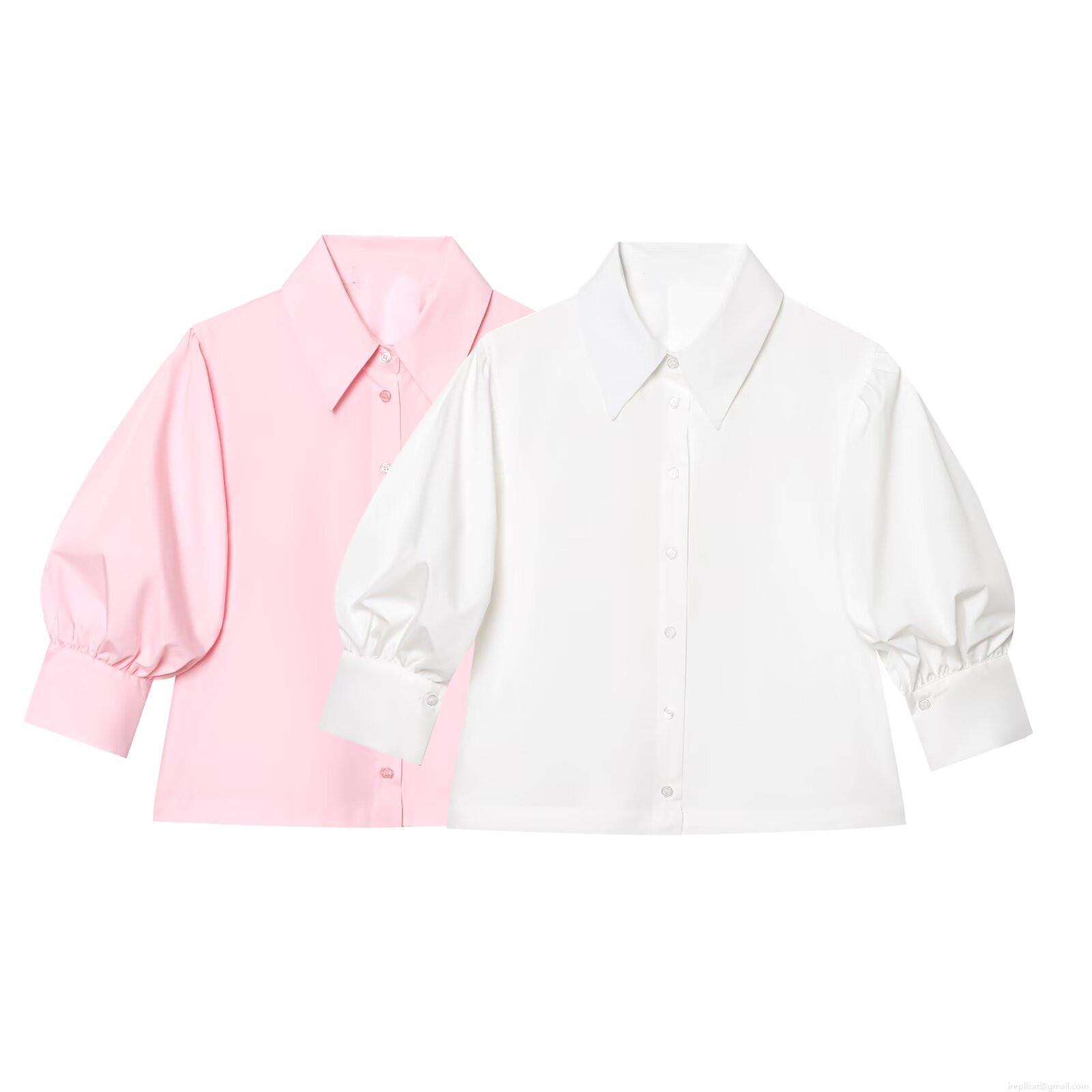 Women Puff Sleeve Button Down Shirt Polyester Cotton Blend Summer Sweet Minimalist Turn-down Collar Solid Striped Blouse Top Casual Fashion Ladies Clothing