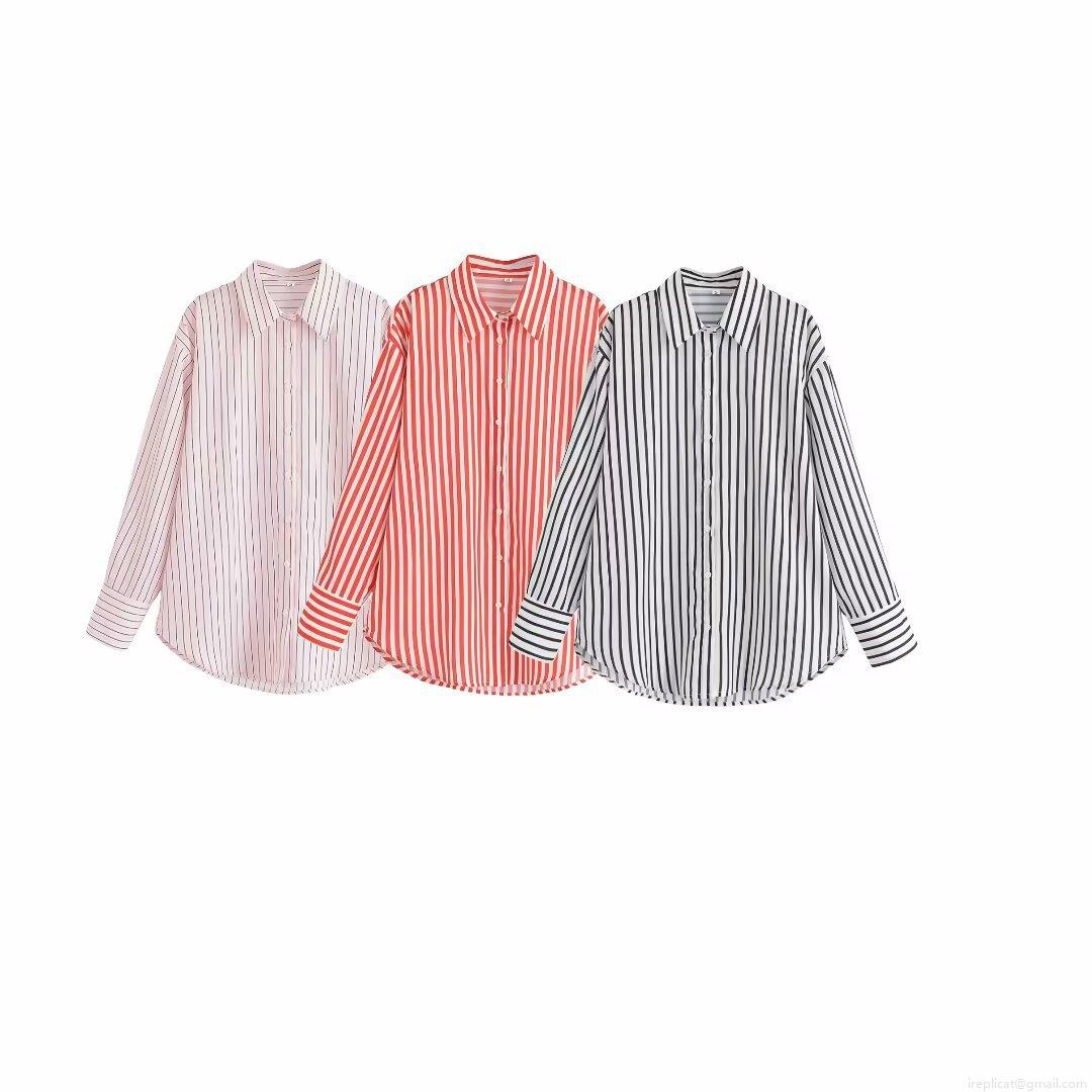 Women's Casual Loose Vertical Striped Shirt Turn-Down Collar Long Sleeve Single-Breasted Polyester Spandex Blouse Daily Commuting Spring Summer Top