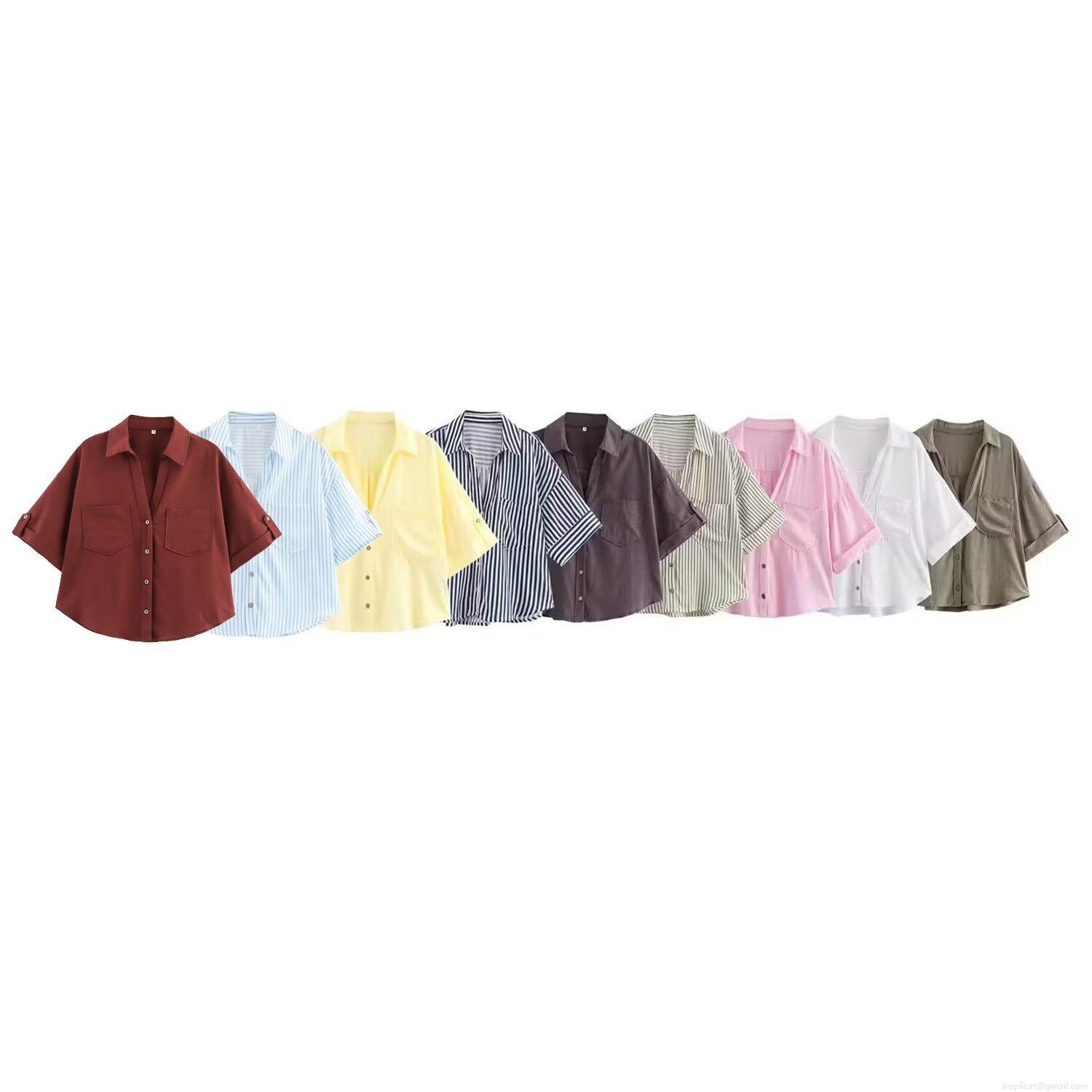 Women's Summer Casual Linen Blend Shirt Short Sleeve Turn-down Collar Loose Blouse With Double Pockets Button Down Striped Solid Tops