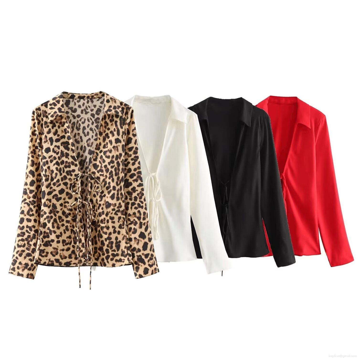Women's Elegant V Neck Satin Blouse Fashion Tie Front Long Sleeve Lapel Shirt For Daily Party Dating Solid Color Leopard Print Polyester Spandex Tops