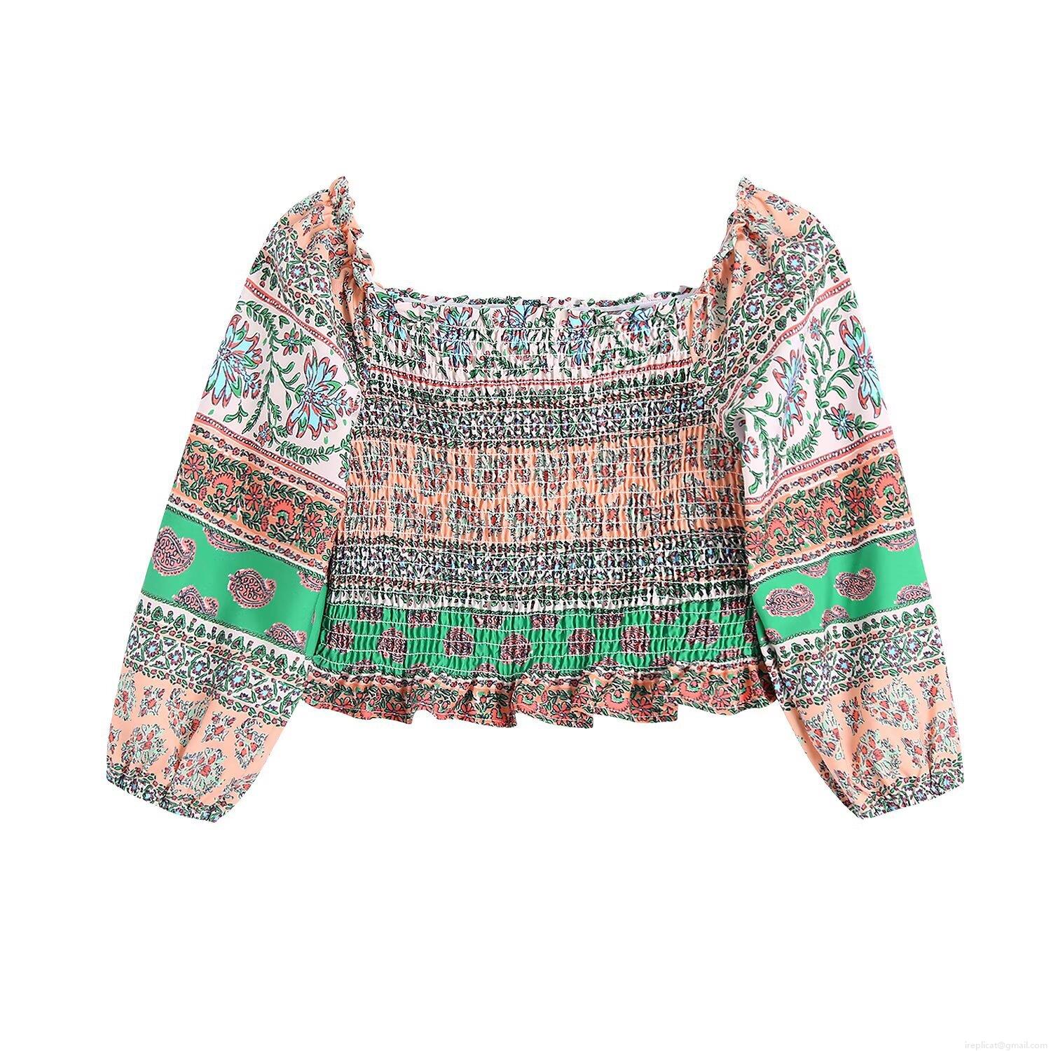 Bohemian Floral Print Smocked Blouse Women Square Neck Long Sleeve Ruffle Hem Cropped Top 100% Polyester Slim Fit Casual Vacation Shirts
