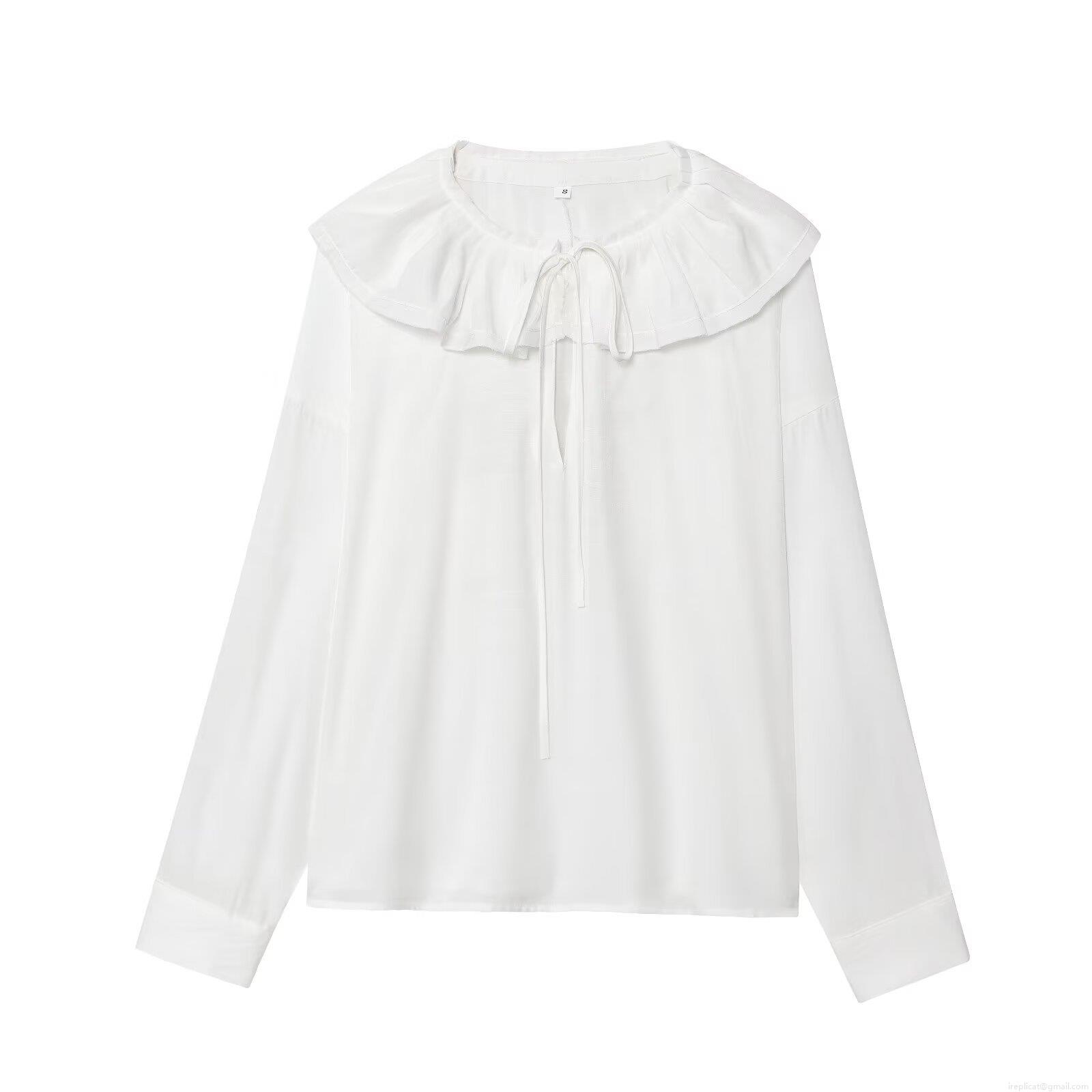 Women Sweet Elegant Ruffle Peter Pan Collar Blouse Slub Cotton Polyester Blend Long Sleeve Solid Color Button Down Tie Front Shirt For Women