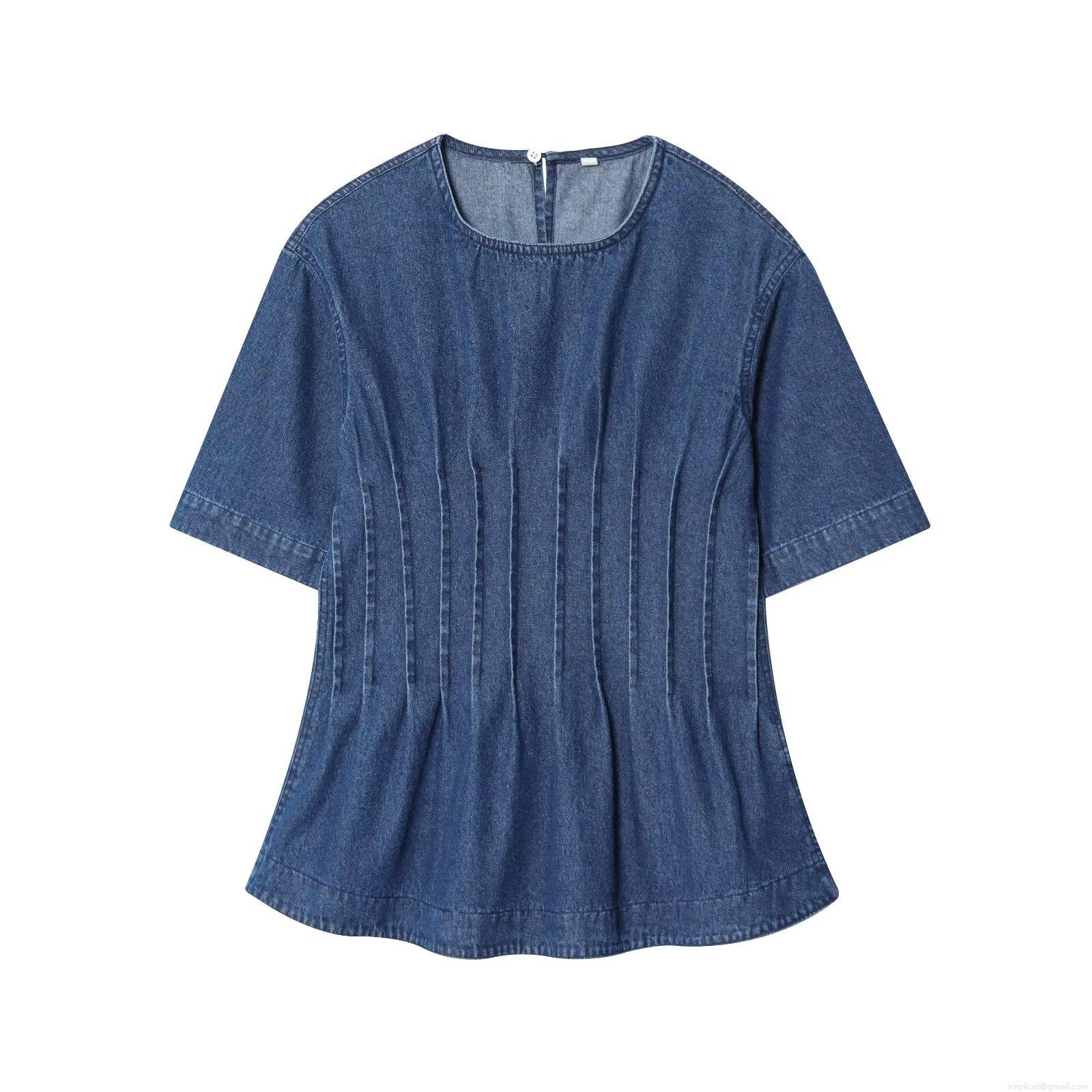 Women's Fashion Casual Round Neck Short Sleeve Pleated Waist Denim Top Washed Denim Blouse Slim Fit Summer Solid Color Top For Women