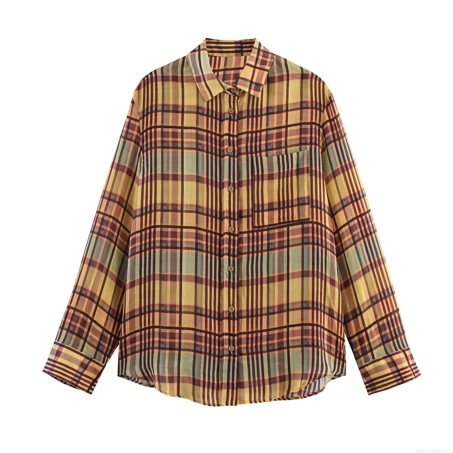 Women's Casual Linen Plaid Long Sleeve Shirt Loose Fit Lapel Button Down Blouse Top With Pocket For Daily Wear Retro Plaid Tops
