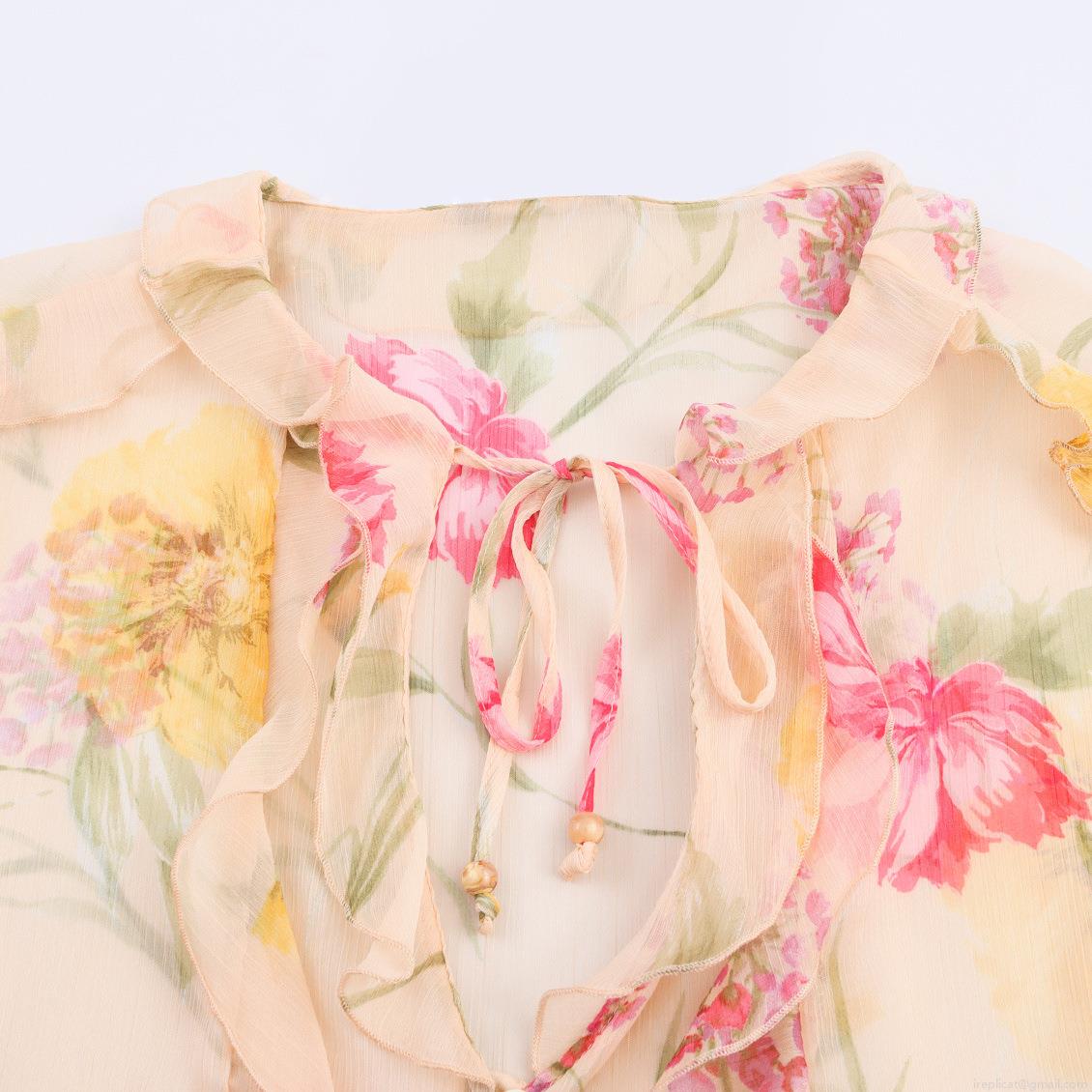 Sweet Women Floral Print Chiffon Blouse Elegant Ruffle Tie Neck Long Sleeve Semi-Transparent Lightweight Tops Fashion Flower Shirt For Women