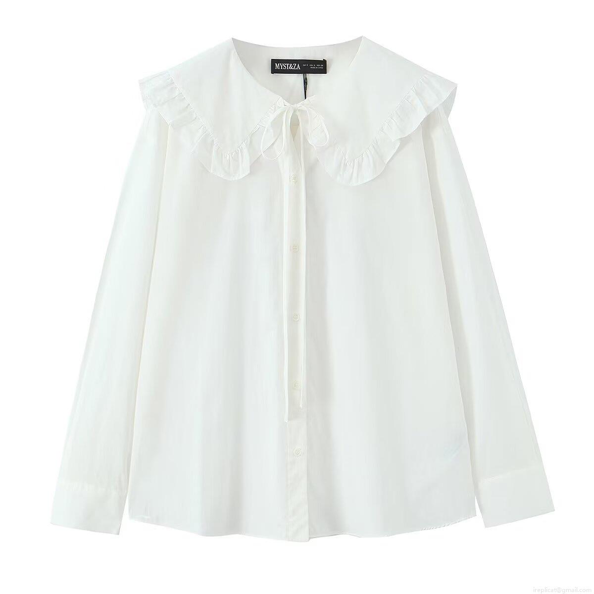 Sweet White Peter Pan Collar Ruffle Blouse With Bow Tie Long Sleeve Polyester Spandex Loose Shirt For Women Daily Casual Autumn Tops