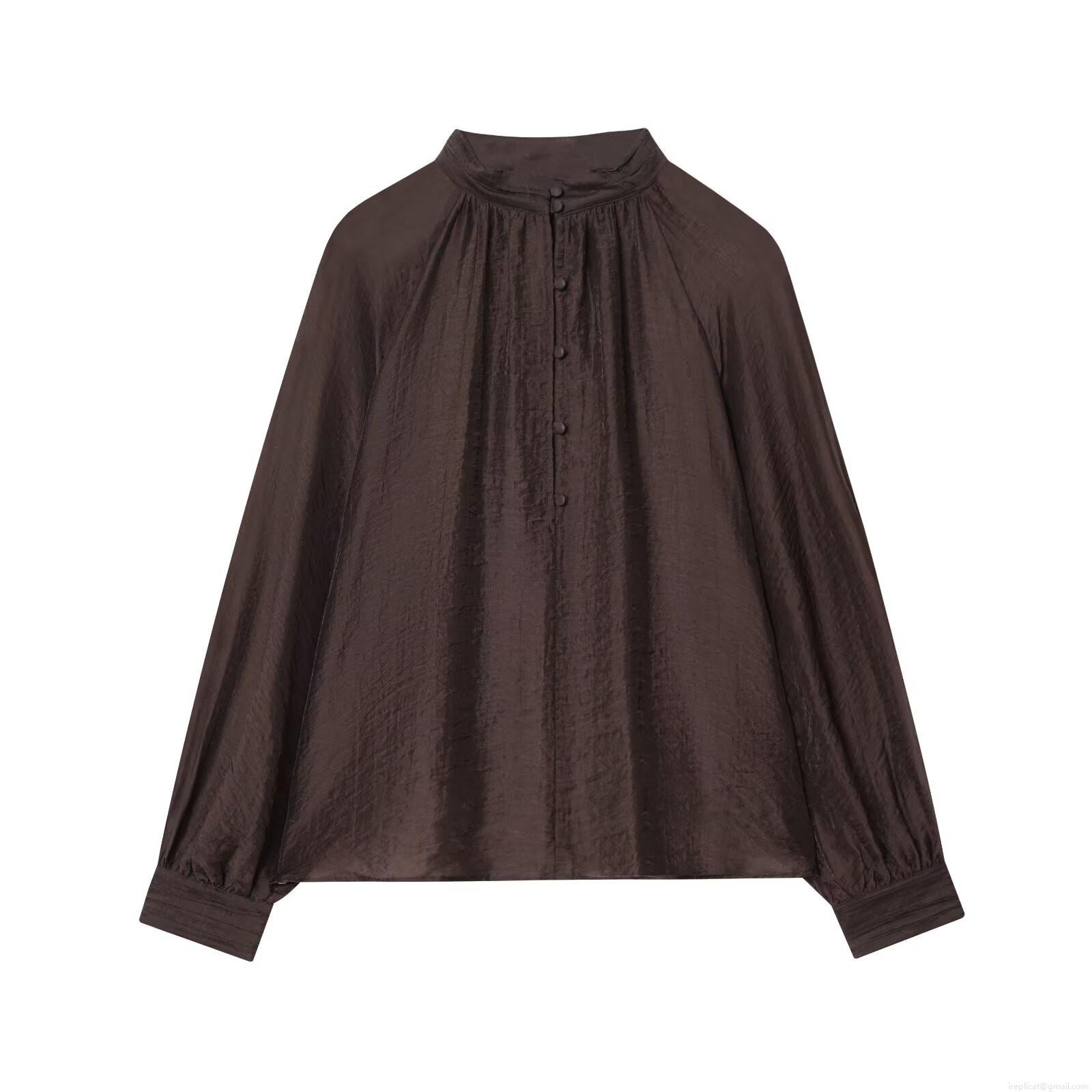 Elegant Women Tencel Blend Translucent Blouse Stand Collar Long Bubble Sleeve Solid Coffee Shirt Minimalist Casual Glossy Top for Autumn