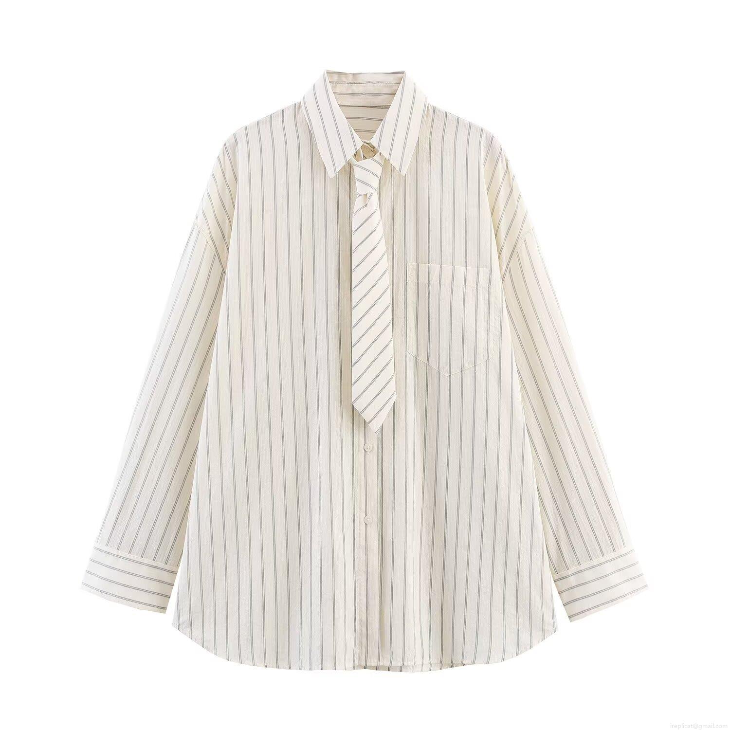 Women's Striped Shirt With Matching Tie Preppy Style Loose Fit Long Sleeve Poplin Blouse Casual Office Workwear Beige Striped Button Up Top
