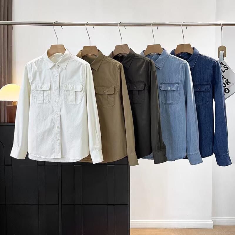 Women's Casual Long Sleeve Button Down Shirt Loose Cotton Denim Blouse Dual Pockets Minimalist Solid Color Lapel Top For Autumn Daily Wear