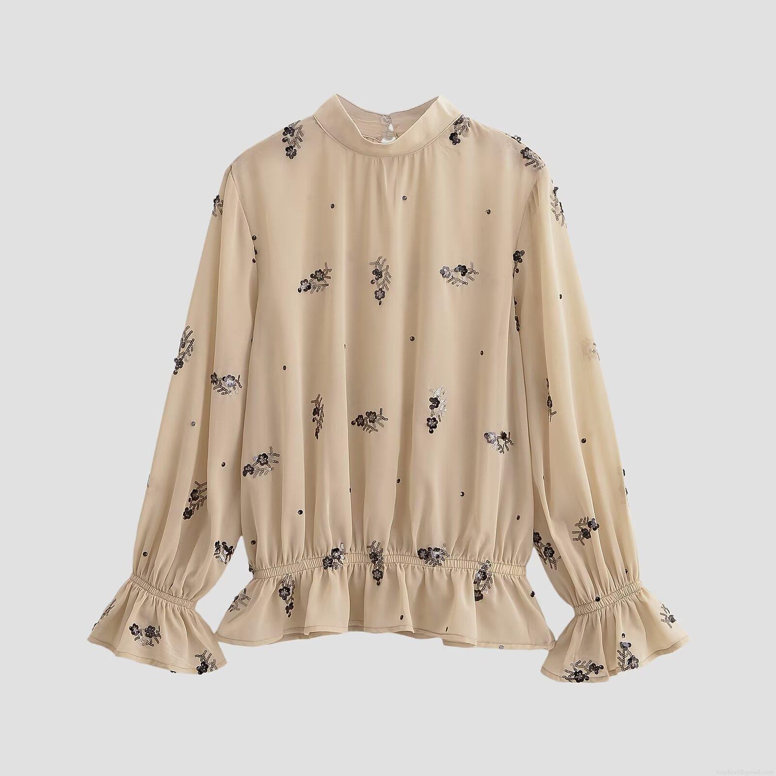 Women's Elegant Sequin Floral Chiffon Blouse Long Sleeve Stand Collar Ruffle Hem Top For Party Evening Casual Ladies Beige Apricot Shirt