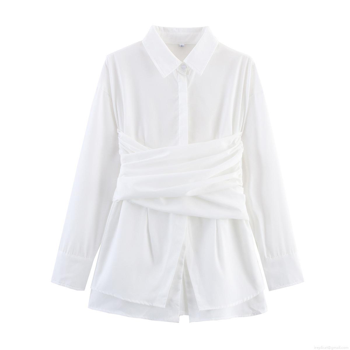 Women's Elegant 100% Polyester Long Sleeve Blouse Shirt With Waist-Cinched Pleated Tie Bow Design Solid Color Slim Fit Tops For Office Commute Ladies