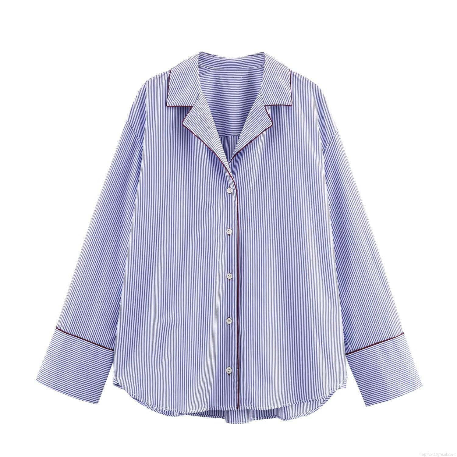 Women's Blue and White Striped Poplin Polyester Shirt Contrast Red Piping Long Sleeve Loose Casual Pajama Style Top Blouse For Daily Wear