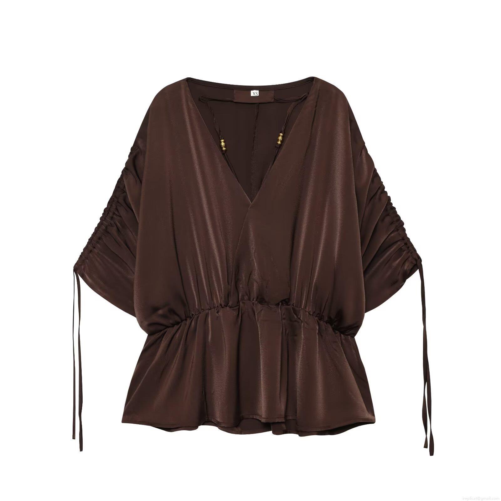 Women's Elegant Satin V-Neck Blouse Ruched Drawstring Short Batwing Sleeve Slim Fit Polyester Spandex Top For Office Party Daily Casual